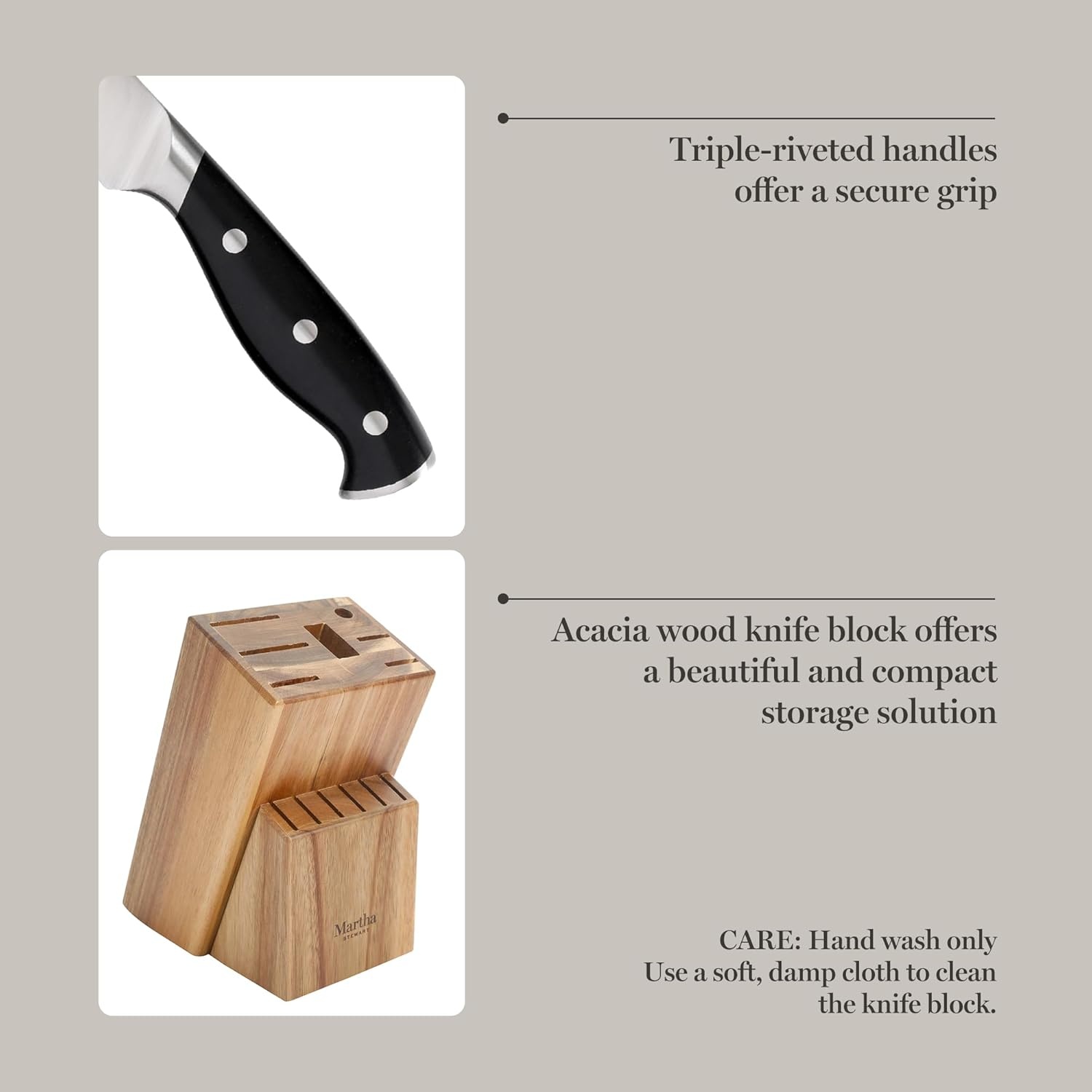 image:imageMartha Stewart Greeley Forged High Carbon Stainless Steel 14 Piece Knife Block Set Linen White Kitchen Knife Set with Acacia Wood Block Chef Knife Bread Knife Steak KnivesBlack