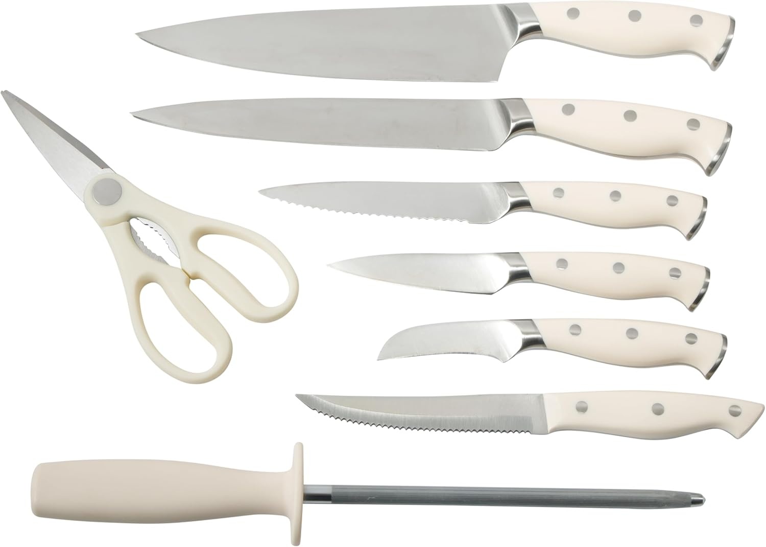 image:imageMartha Stewart Greeley Forged High Carbon Stainless Steel 14 Piece Knife Block Set Linen White Kitchen Knife Set with Acacia Wood Block Chef Knife Bread Knife Steak KnivesLinen White