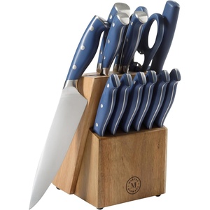 Martha Stewart Greeley Forged High Carbon Stainless Steel 14 Piece Knife Block Set, Linen White Kitchen Knife Set with Acacia Wood Block, Chef Knife, Bread Knife, Steak Knives(Navy Blue)