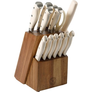 Martha Stewart Greeley Forged High Carbon Stainless Steel 14 Piece Knife Block Set, Linen White Kitchen Knife Set with Acacia Wood Block, Chef Knife, Bread Knife, Steak Knives(Linen White)
