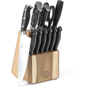 Martha Stewart Greeley Forged High Carbon Stainless Steel 14 Piece Knife Block Set, Linen White Kitchen Knife Set with Acacia Wood Block, Chef Knife, Bread Knife, Steak Knives(Black)