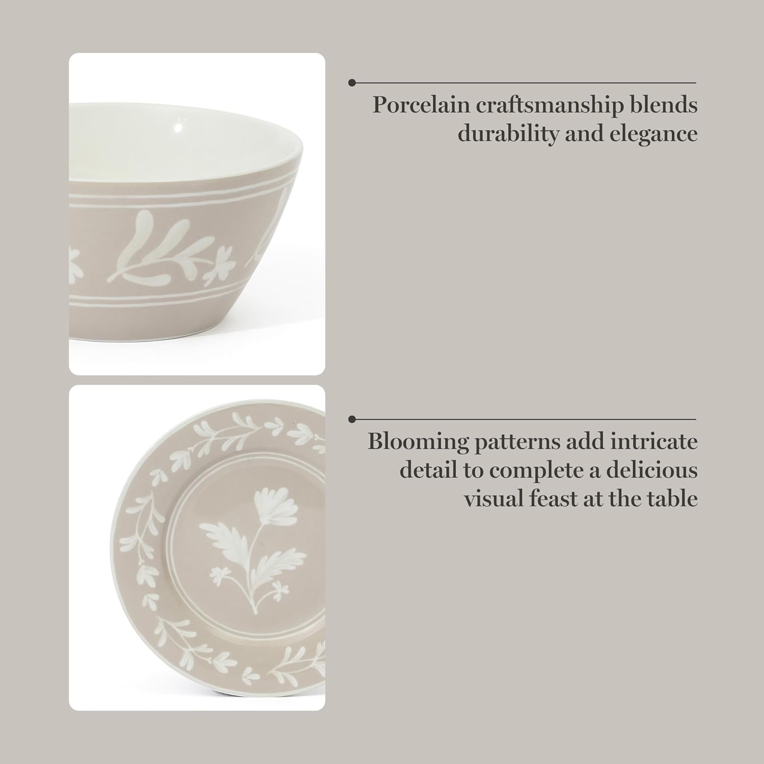 image:imageMartha Stewart Maiden Crown Plates and Bowls Sets 12Piece New Bone China Dinnerware Sets Botanical Floral Design Dish Set Microwave amp Dishwasher SafeTaupe