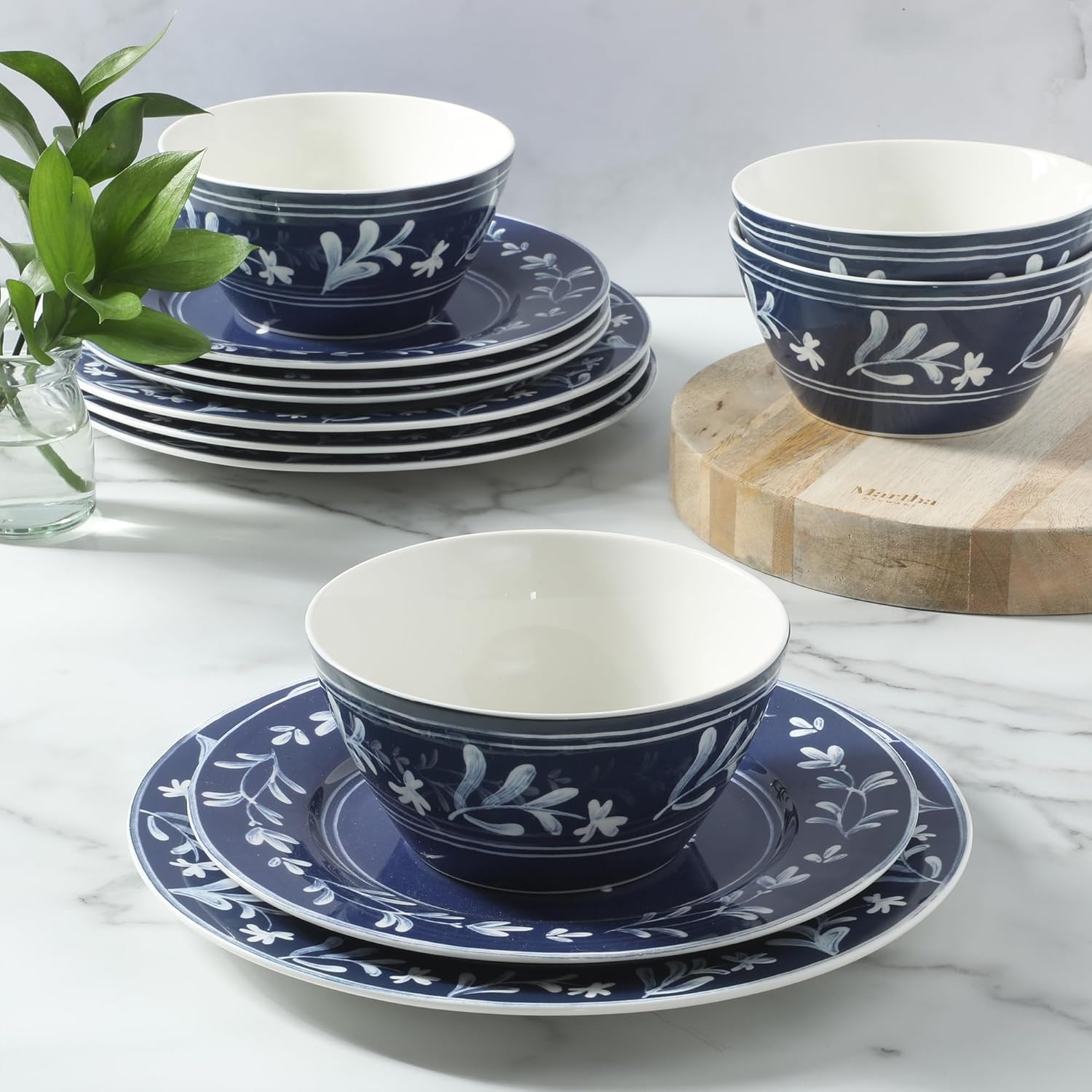 image:imageMartha Stewart Maiden Crown Plates and Bowls Sets 12Piece New Bone China Dinnerware Sets Botanical Floral Design Dish Set Microwave amp Dishwasher SafeSky Blue