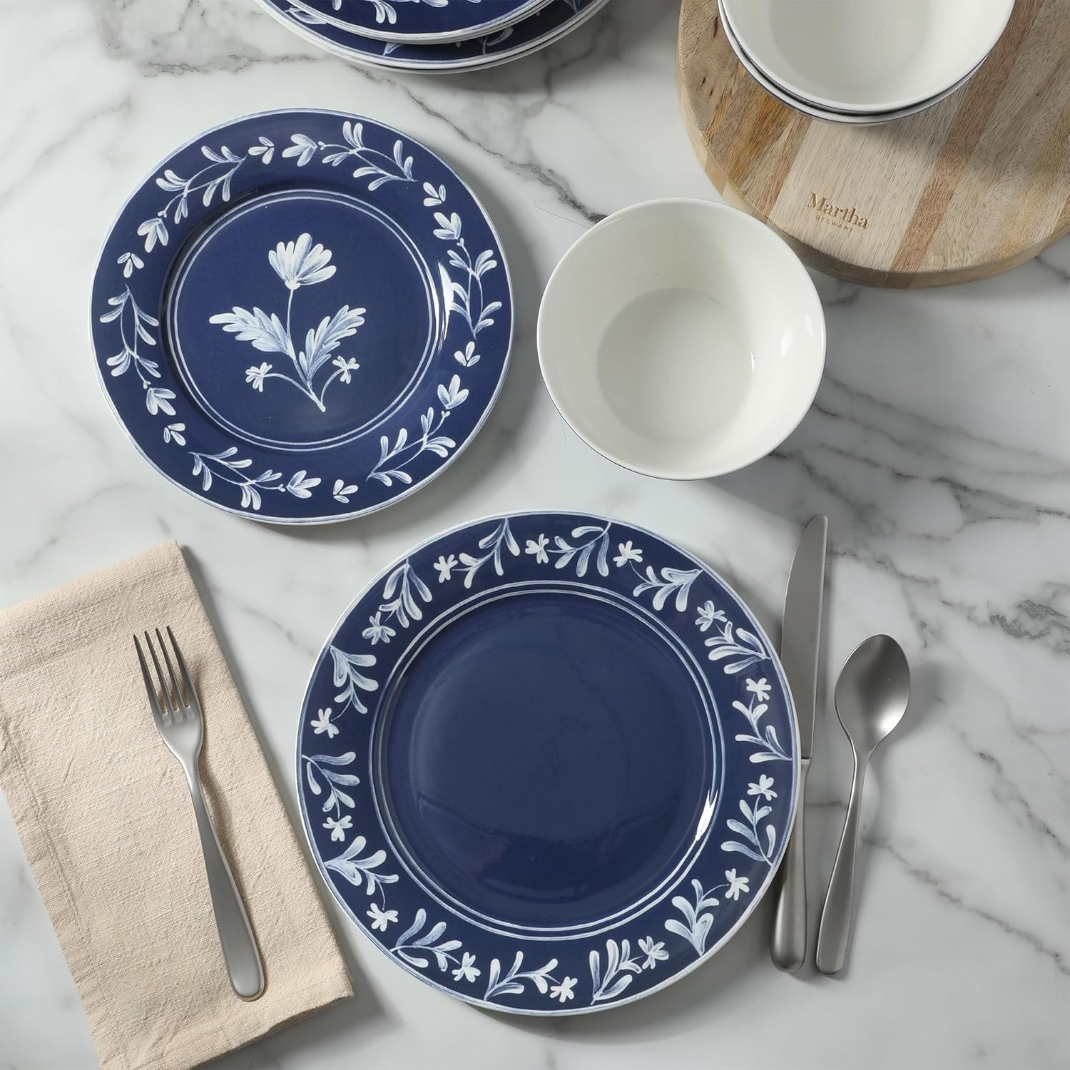 image:imageMartha Stewart Maiden Crown Plates and Bowls Sets 12Piece New Bone China Dinnerware Sets Botanical Floral Design Dish Set Microwave amp Dishwasher SafeSky Blue