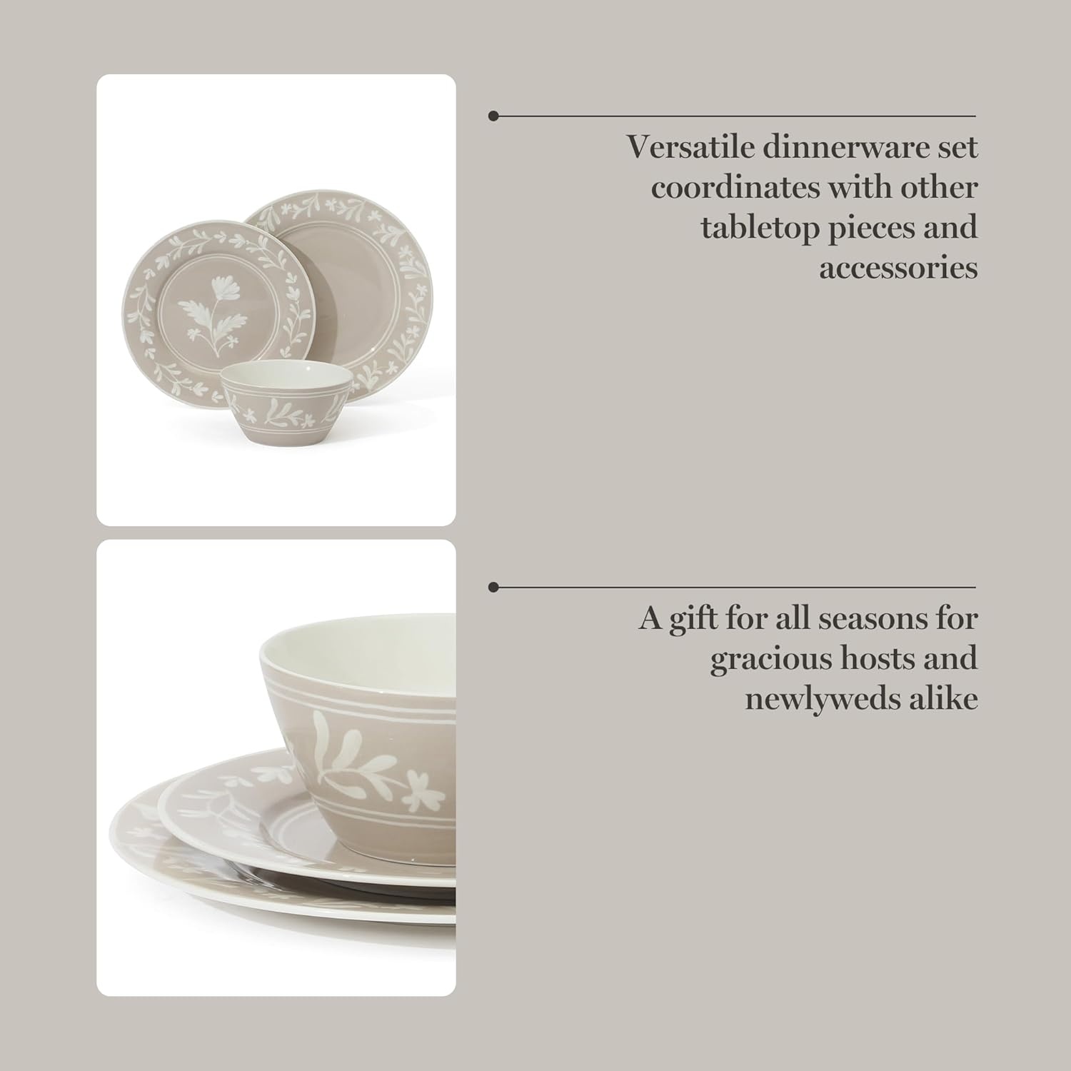 image:imageMartha Stewart Maiden Crown Plates and Bowls Sets 12Piece New Bone China Dinnerware Sets Botanical Floral Design Dish Set Microwave amp Dishwasher SafeTaupe