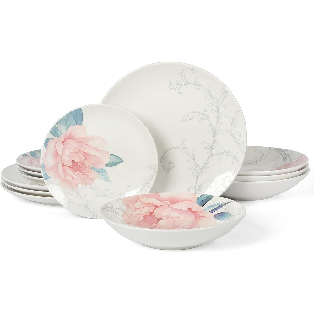 image:imageMartha Stewart Maiden Crown Plates and Bowls Sets 12Piece New Bone China Dinnerware Sets Botanical Floral Design Dish Set Microwave amp Dishwasher SafePeony