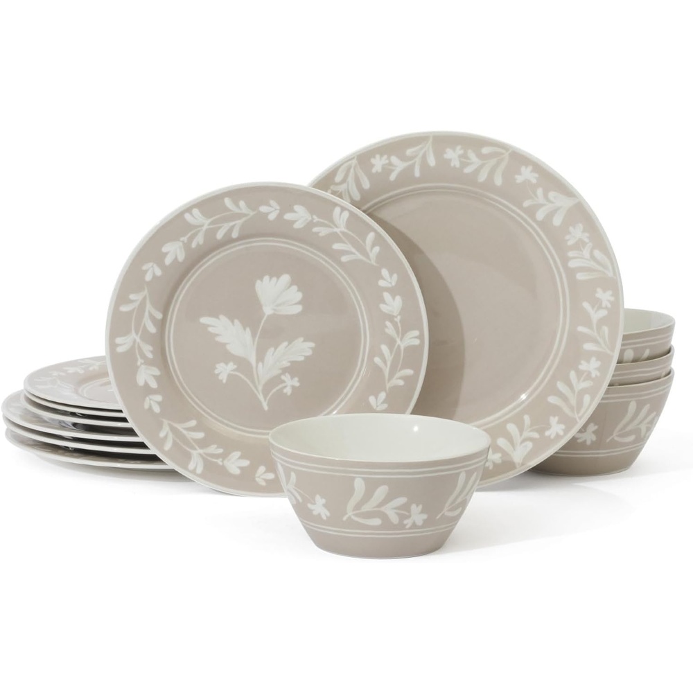 image:imageMartha Stewart Maiden Crown Plates and Bowls Sets 12Piece New Bone China Dinnerware Sets Botanical Floral Design Dish Set Microwave amp Dishwasher SafeTaupe