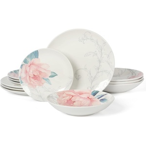 Martha Stewart Maiden Crown Plates and Bowls Sets, 12-Piece New Bone China Dinnerware Sets, Botanical Floral Design Dish Set, Microwave & Dishwasher Safe(Peony)