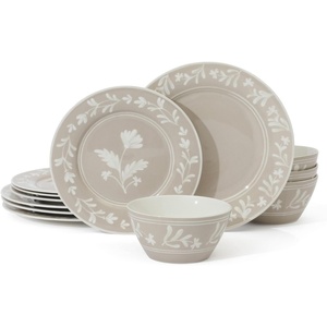 Martha Stewart Maiden Crown Plates and Bowls Sets, 12-Piece New Bone China Dinnerware Sets, Botanical Floral Design Dish Set, Microwave & Dishwasher Safe(Taupe)