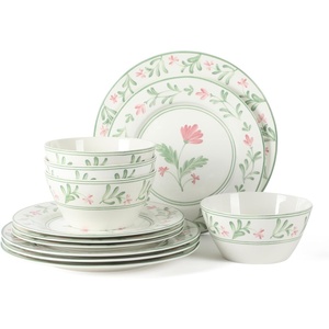 Martha Stewart Maiden Crown Plates and Bowls Sets, 12-Piece New Bone China Dinnerware Sets, Botanical Floral Design Dish Set, Microwave & Dishwasher Safe(Botanical)