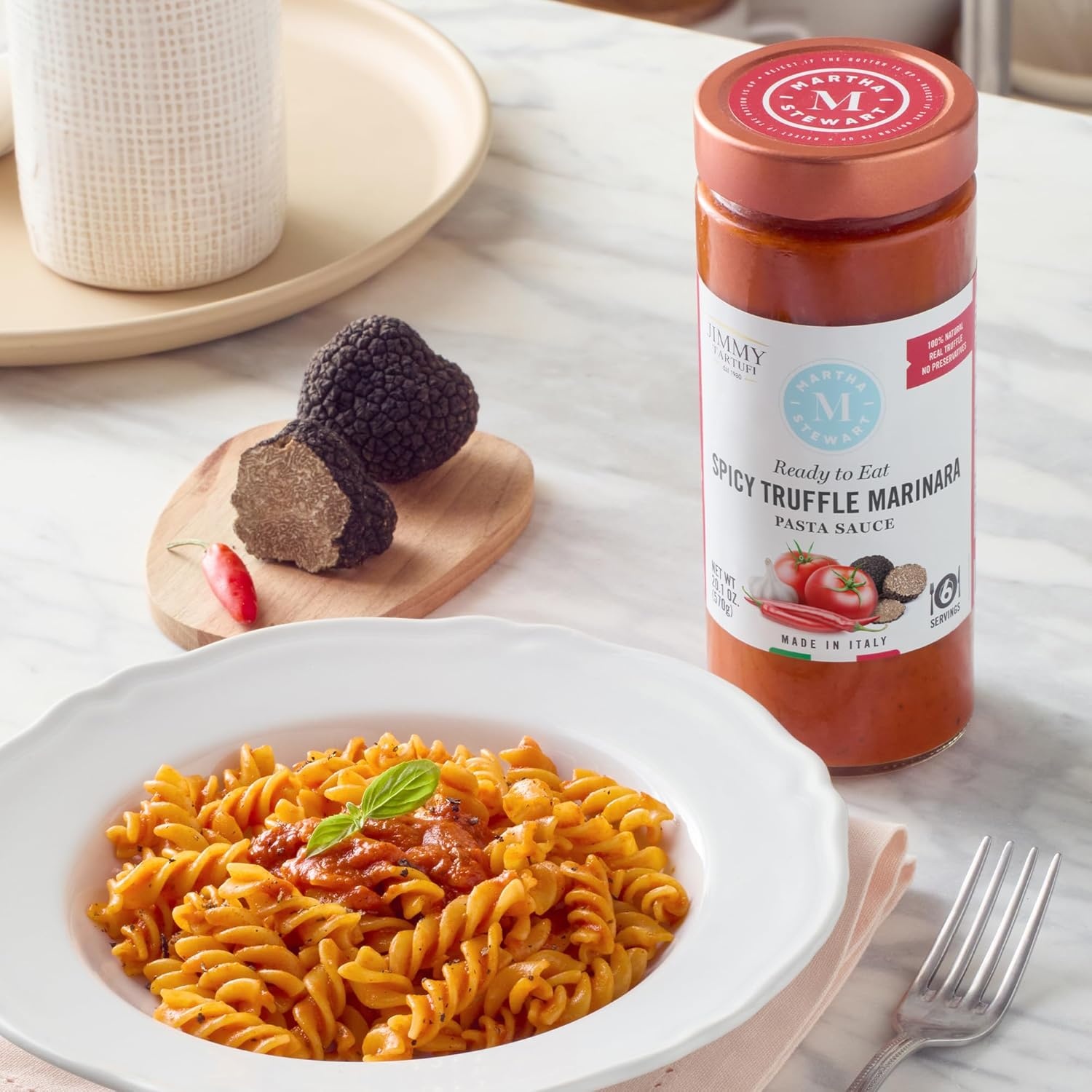 image:imageMartha Stewart amp Jimmy Tartufi Spicy Truffle Marinara Pasta Sauce 201 oz Jar Pack of 1 Arrabbiata Style Sauce Real Italian Truffle No Preservatives Colorants or Added Sugar Made in Italy