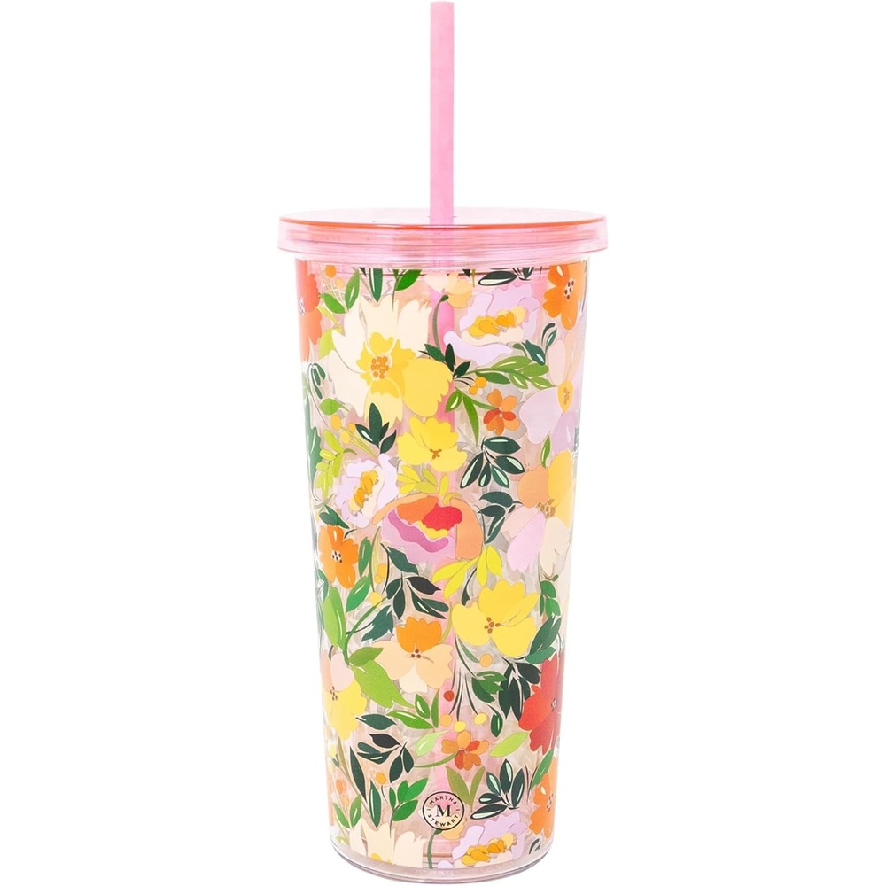 image:imageMartha Stewart Double Wall Tumbler with Lid and Reusable Straw Floral Plastic Cup Insulated Travel Cup Holds 24 Ounces Joyful BloomsJoyful Blooms