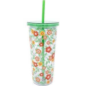 Martha Stewart Double Wall Tumbler with Lid and Reusable Straw, Floral Plastic Cup, Insulated Travel Cup Holds 24 Ounces (Joyful Blooms)(Floral Cloud Dancer)