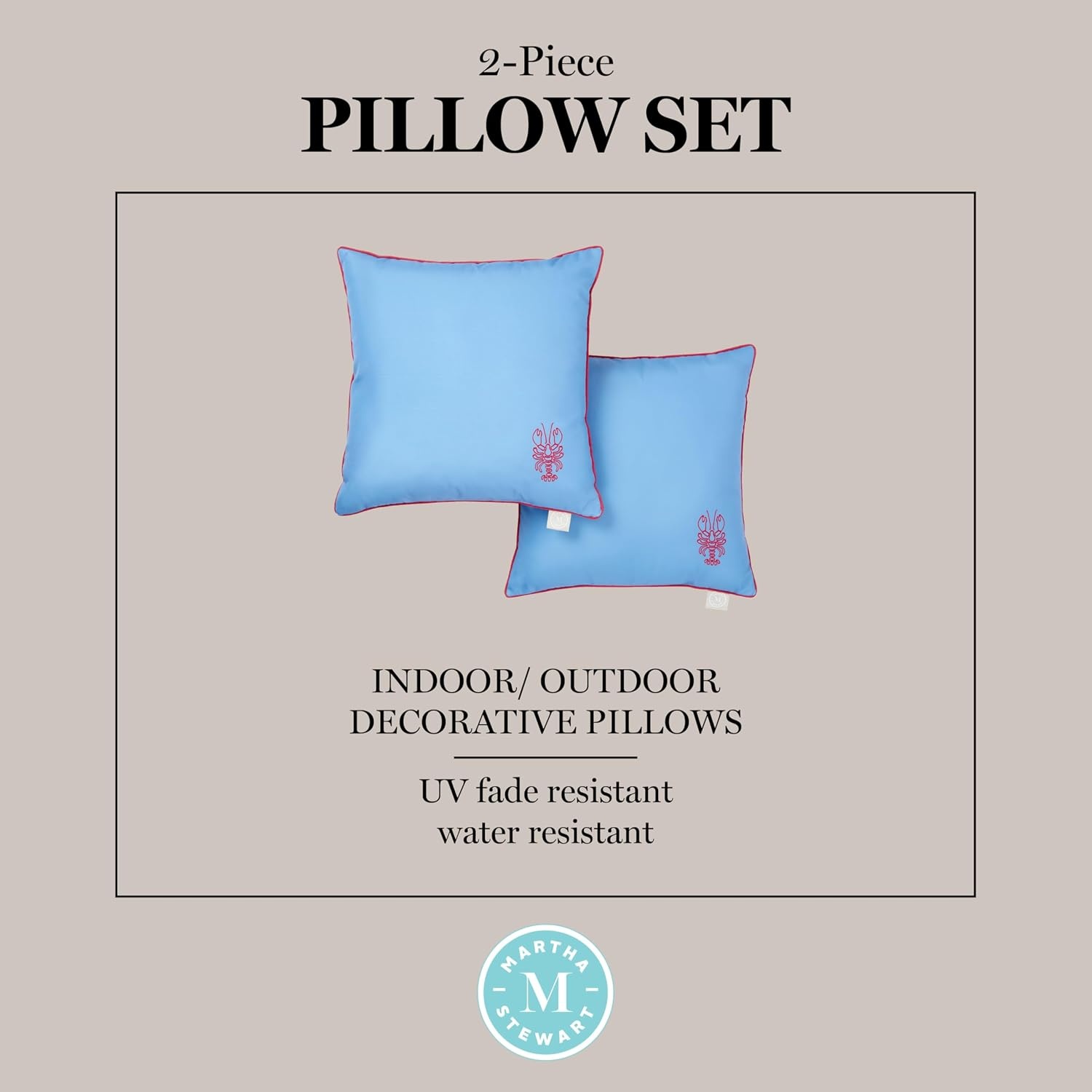 image:imageMartha Stewart Americana Embroidered Lobster Indoor Outdoor Decorative Pillow 2Pack Set UV Fade Resistant Water Repellent Coastal Design BlueRed 18x18Lobster BlueRed