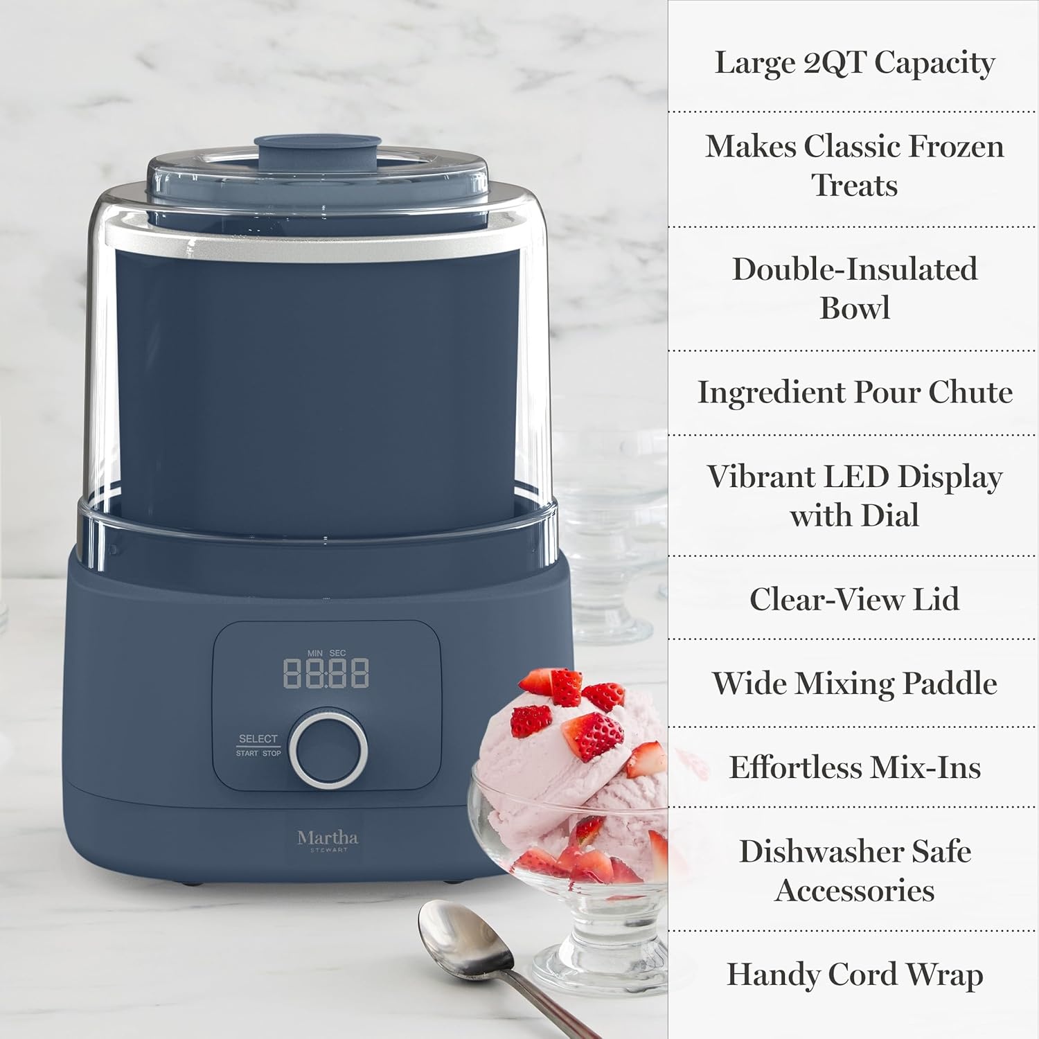 image:imageMartha Stewart Ice Cream Maker 2 Quart DoubleInsulated Freezer Bowl Sorbet amp Frozen Yogurt Ready in 20 Minutes MixIns Chute Easy to Clean Linen CreamIndigo
