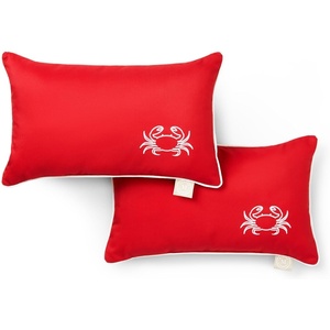 Martha Stewart Americana Embroidered Lobster Indoor Outdoor Decorative Pillow 2-Pack Set, UV Fade Resistant, Water Repellent, Coastal Design, Blue/Red, 18″x18″(Crab Red/White)