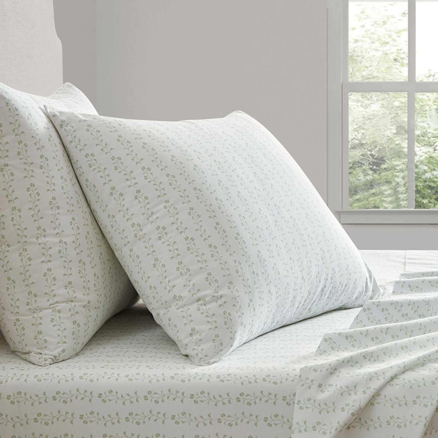 image:imageMartha Stewart Twin XL Size Sheet Set Breathable Cotton Percale Bedding with Matching Pillowcase Fully Elastic Fitted Sheet Deep Pocket Crisp amp Cooling AllSeason Comfort Small Gingham BlueDitsy Vine Green