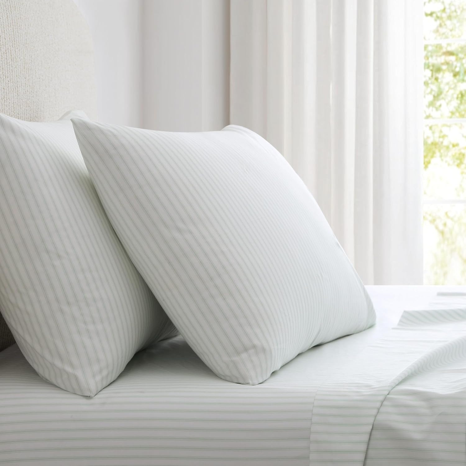 image:imageMartha Stewart Twin XL Size Sheet Set Breathable Cotton Percale Bedding with Matching Pillowcase Fully Elastic Fitted Sheet Deep Pocket Crisp amp Cooling AllSeason Comfort Small Gingham BlueTicking Stripe Green