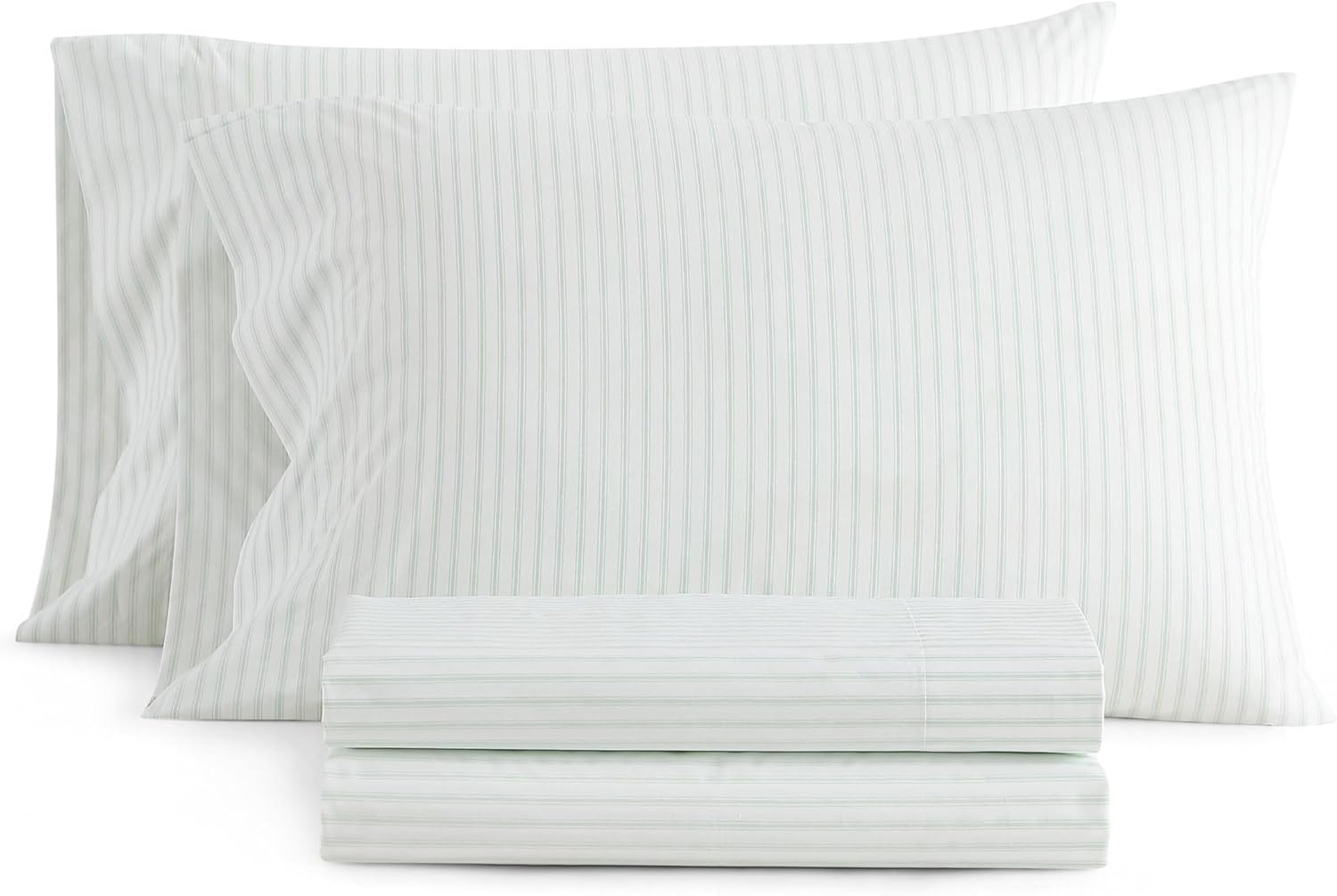 image:imageMartha Stewart Twin XL Size Sheet Set Breathable Cotton Percale Bedding with Matching Pillowcase Fully Elastic Fitted Sheet Deep Pocket Crisp amp Cooling AllSeason Comfort Small Gingham BlueTicking Stripe Green