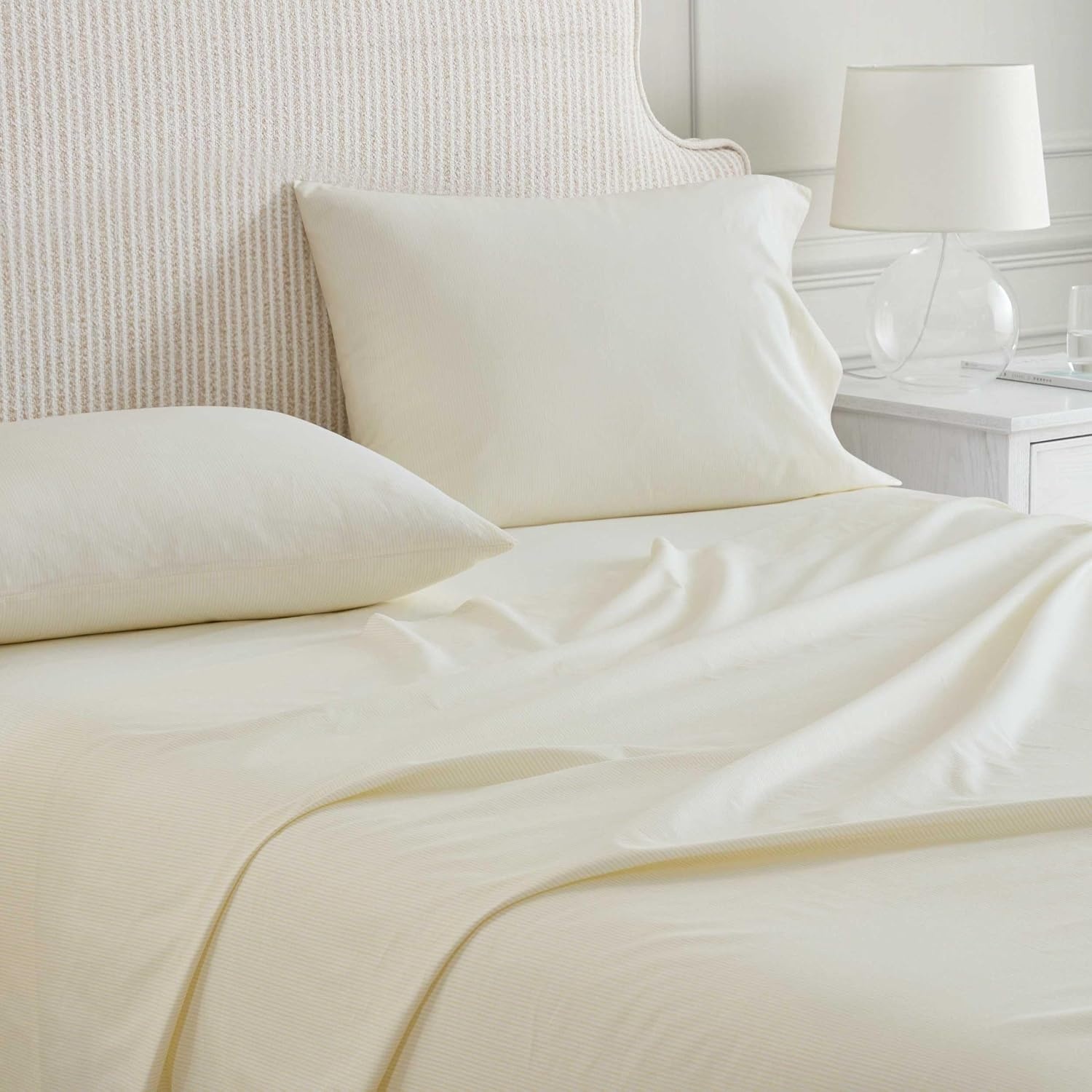 image:imageMartha Stewart Twin XL Size Sheet Set Breathable Cotton Percale Bedding with Matching Pillowcase Fully Elastic Fitted Sheet Deep Pocket Crisp amp Cooling AllSeason Comfort Small Gingham BlueStripe Yellow