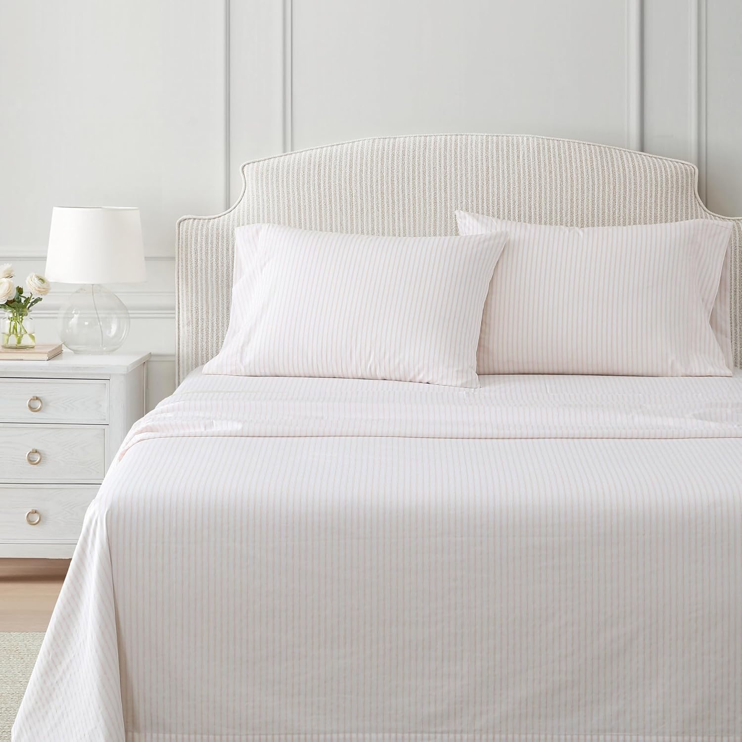 image:imageMartha Stewart Twin XL Size Sheet Set Breathable Cotton Percale Bedding with Matching Pillowcase Fully Elastic Fitted Sheet Deep Pocket Crisp amp Cooling AllSeason Comfort Small Gingham BlueTicking Stripe Pink