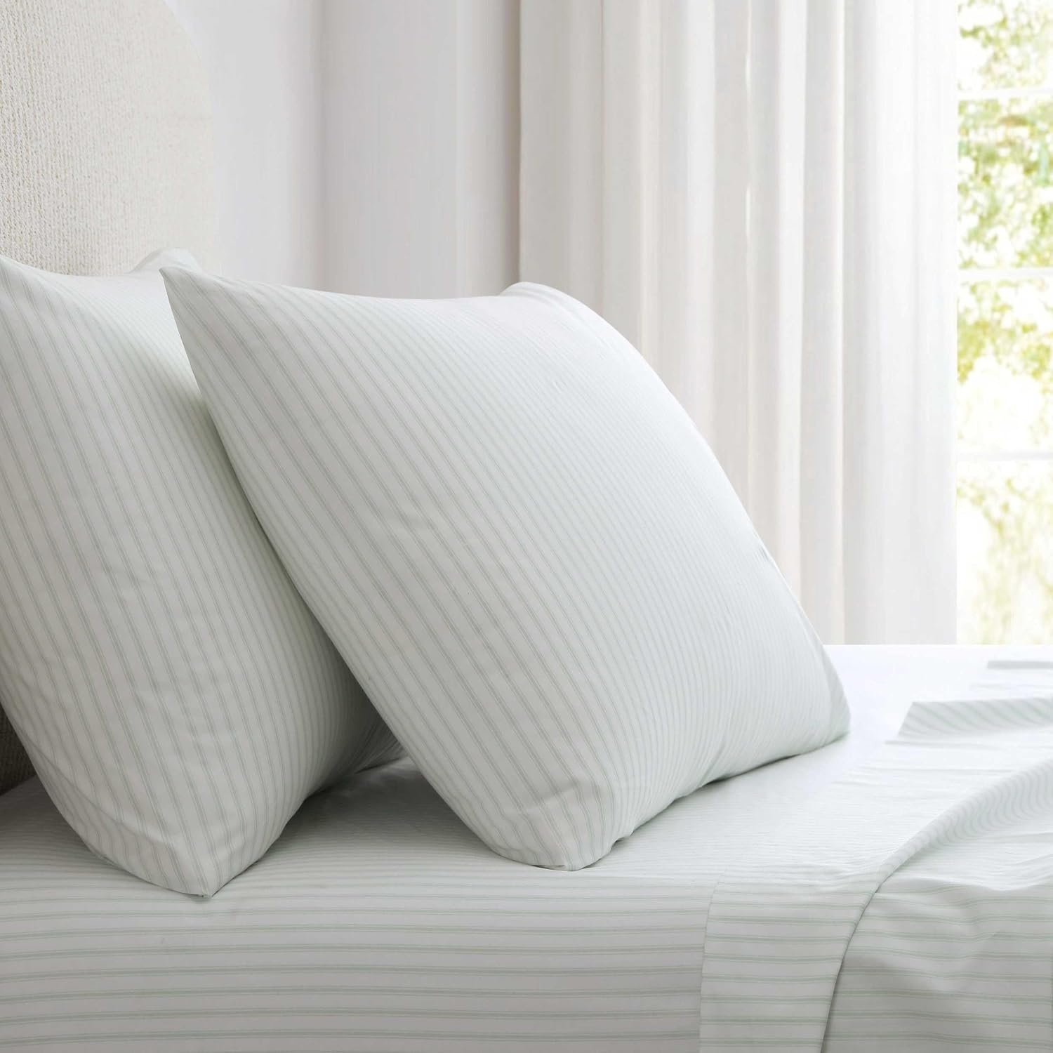 image:imageMartha Stewart Twin XL Size Sheet Set Breathable Cotton Percale Bedding with Matching Pillowcase Fully Elastic Fitted Sheet Deep Pocket Crisp amp Cooling AllSeason Comfort Small Gingham BlueTicking Stripe Green