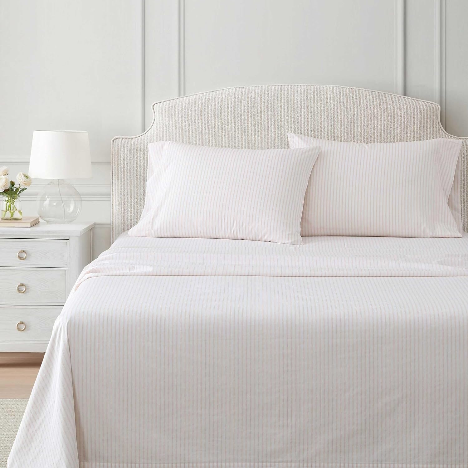 image:imageMartha Stewart Twin XL Size Sheet Set Breathable Cotton Percale Bedding with Matching Pillowcase Fully Elastic Fitted Sheet Deep Pocket Crisp amp Cooling AllSeason Comfort Small Gingham BlueTicking Stripe Pink