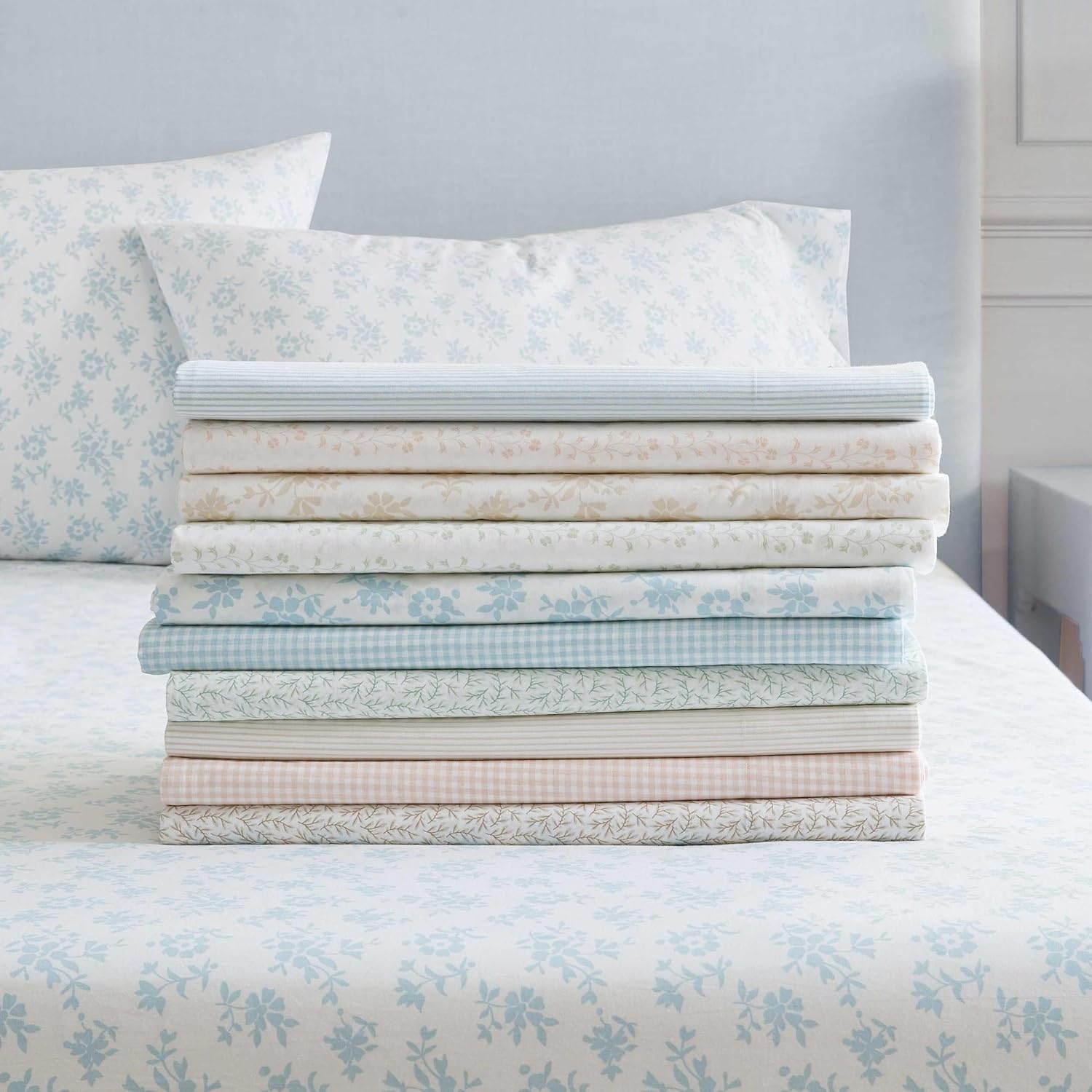 image:imageMartha Stewart Twin XL Size Sheet Set Breathable Cotton Percale Bedding with Matching Pillowcase Fully Elastic Fitted Sheet Deep Pocket Crisp amp Cooling AllSeason Comfort Small Gingham BlueDitsy Vine Green