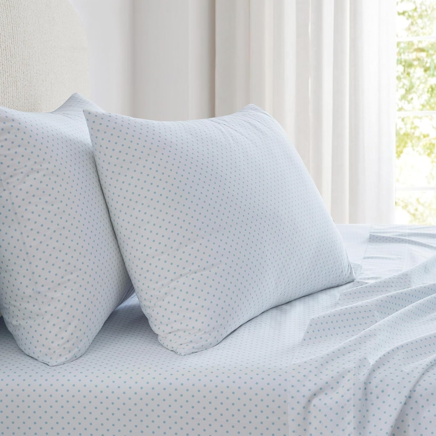 image:imageMartha Stewart Twin XL Size Sheet Set Breathable Cotton Percale Bedding with Matching Pillowcase Fully Elastic Fitted Sheet Deep Pocket Crisp amp Cooling AllSeason Comfort Small Gingham BluePolka Dot Blue