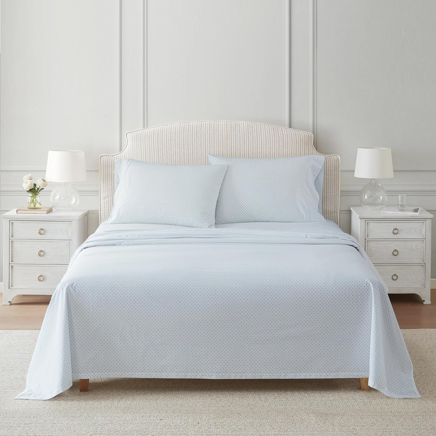 image:imageMartha Stewart Twin XL Size Sheet Set Breathable Cotton Percale Bedding with Matching Pillowcase Fully Elastic Fitted Sheet Deep Pocket Crisp amp Cooling AllSeason Comfort Small Gingham BluePolka Dot Blue