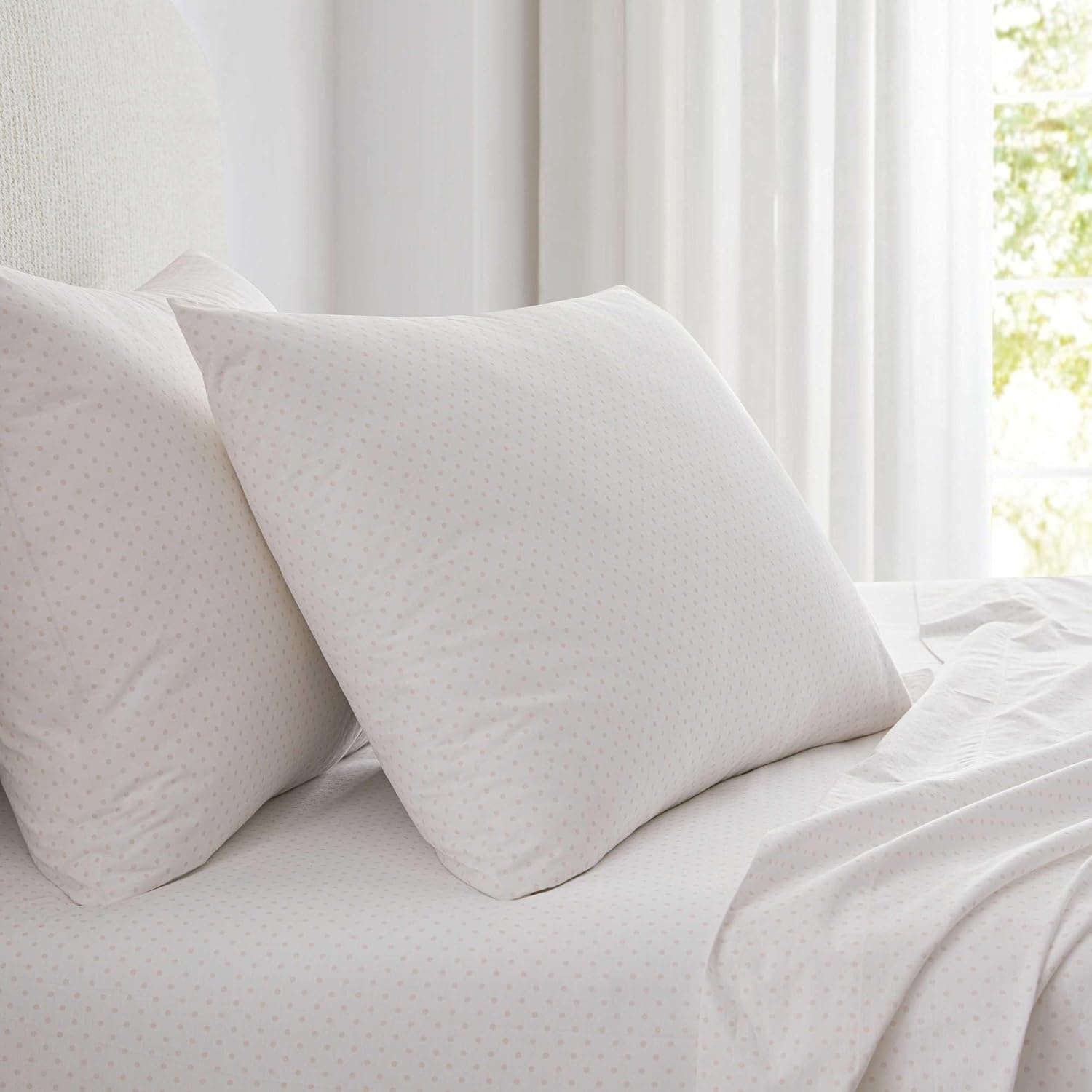 image:imageMartha Stewart Twin XL Size Sheet Set Breathable Cotton Percale Bedding with Matching Pillowcase Fully Elastic Fitted Sheet Deep Pocket Crisp amp Cooling AllSeason Comfort Small Gingham BluePolka Dot Pink