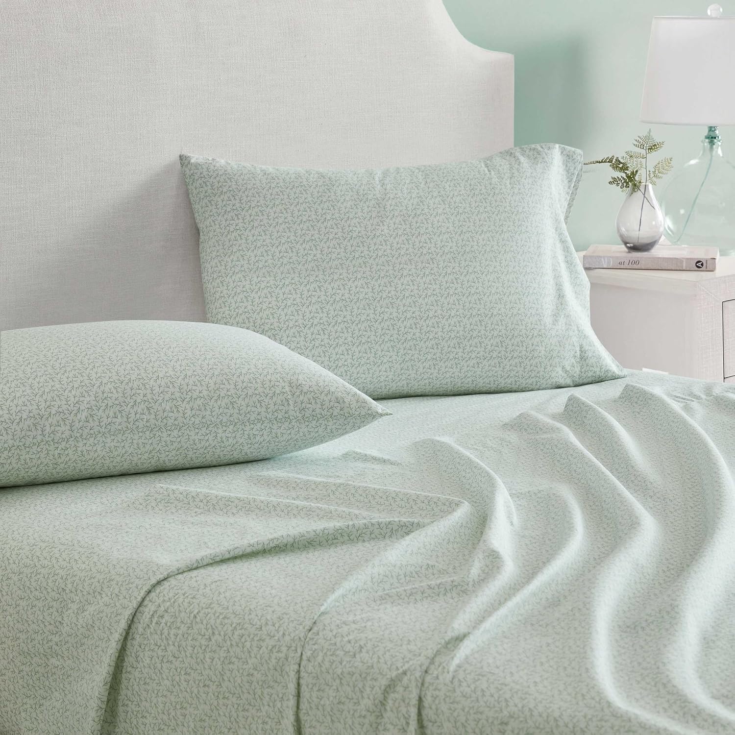 image:imageMartha Stewart Twin XL Size Sheet Set Breathable Cotton Percale Bedding with Matching Pillowcase Fully Elastic Fitted Sheet Deep Pocket Crisp amp Cooling AllSeason Comfort Small Gingham BlueLeaves Green