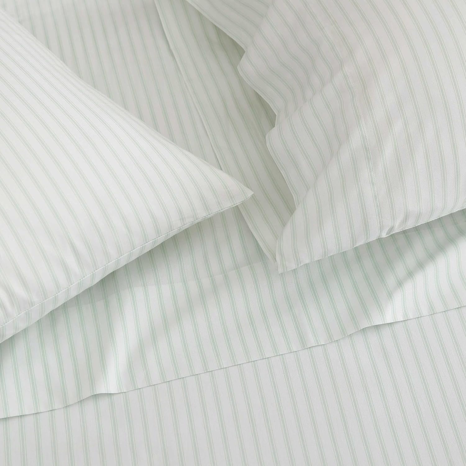 image:imageMartha Stewart Twin XL Size Sheet Set Breathable Cotton Percale Bedding with Matching Pillowcase Fully Elastic Fitted Sheet Deep Pocket Crisp amp Cooling AllSeason Comfort Small Gingham BlueTicking Stripe Green