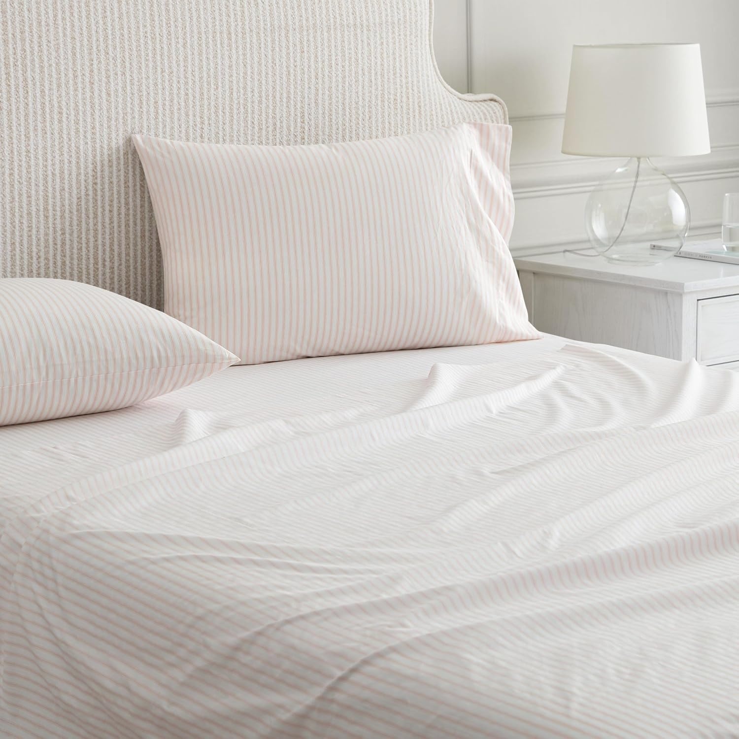 image:imageMartha Stewart Twin XL Size Sheet Set Breathable Cotton Percale Bedding with Matching Pillowcase Fully Elastic Fitted Sheet Deep Pocket Crisp amp Cooling AllSeason Comfort Small Gingham BlueTicking Stripe Pink
