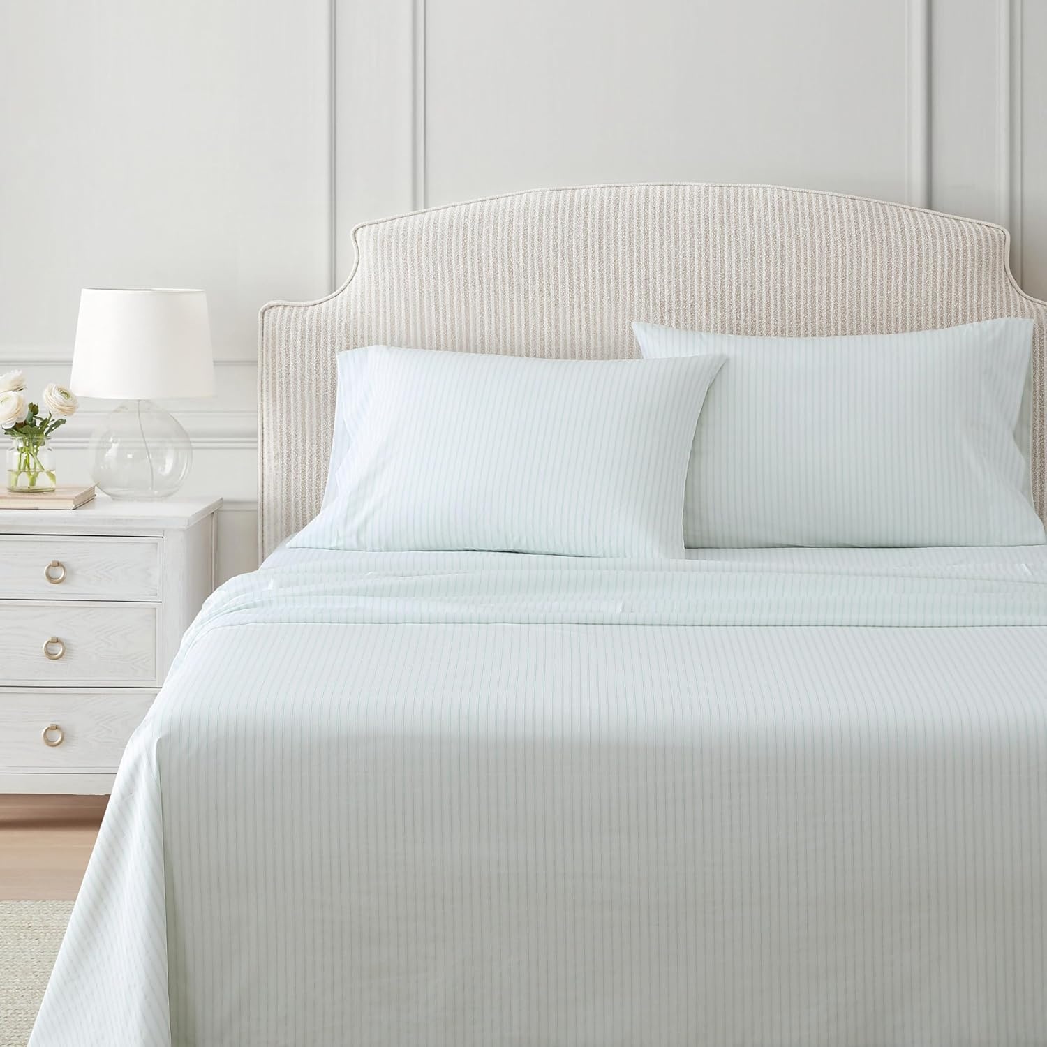 image:imageMartha Stewart Twin XL Size Sheet Set Breathable Cotton Percale Bedding with Matching Pillowcase Fully Elastic Fitted Sheet Deep Pocket Crisp amp Cooling AllSeason Comfort Small Gingham BlueTicking Stripe Green