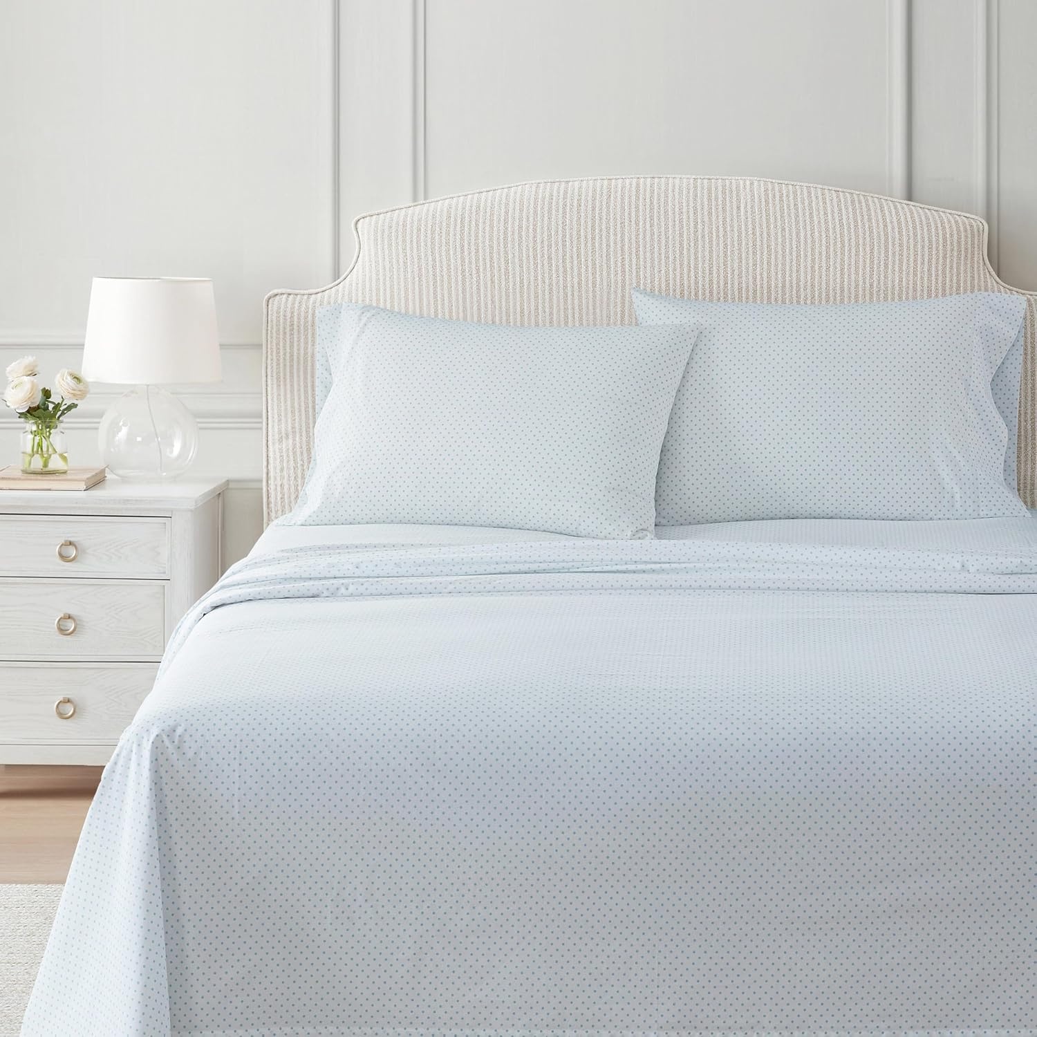image:imageMartha Stewart Twin XL Size Sheet Set Breathable Cotton Percale Bedding with Matching Pillowcase Fully Elastic Fitted Sheet Deep Pocket Crisp amp Cooling AllSeason Comfort Small Gingham BluePolka Dot Blue