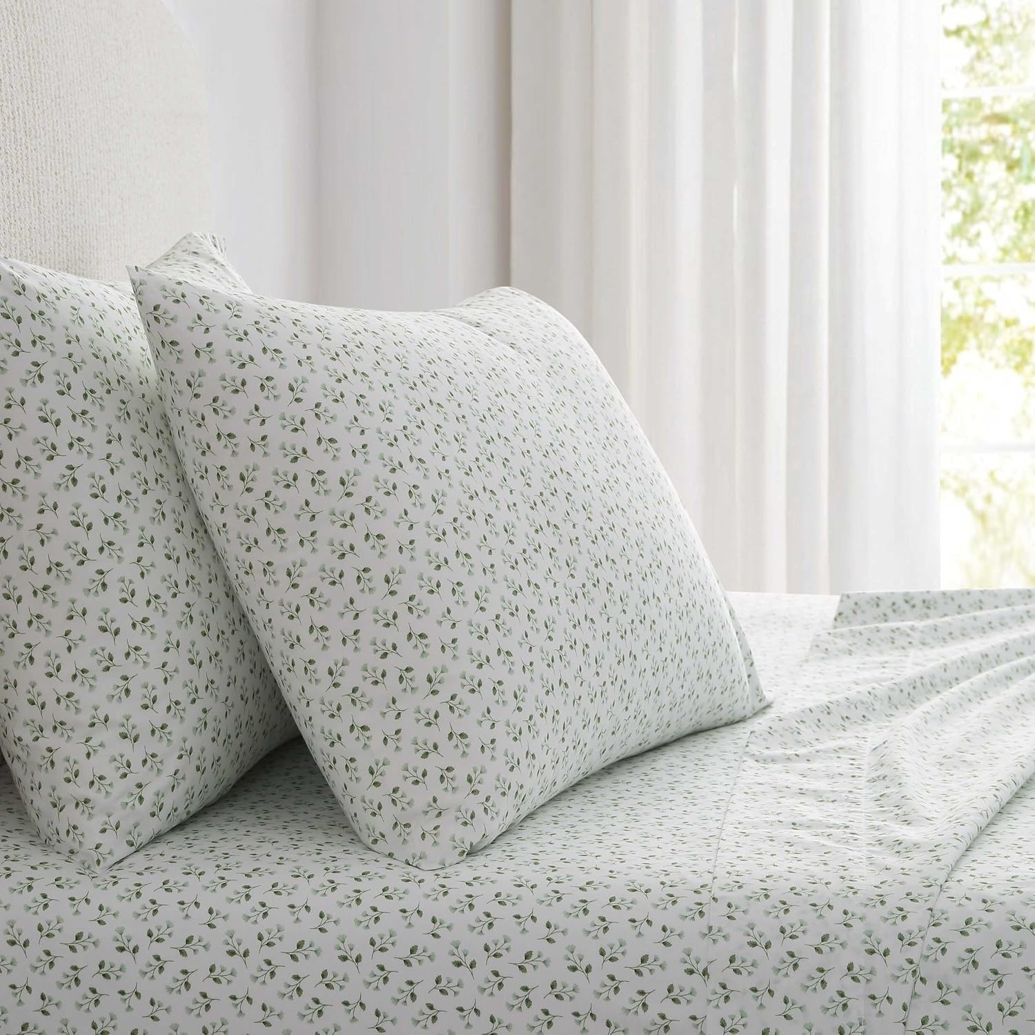 image:imageMartha Stewart Twin XL Size Sheet Set Breathable Cotton Percale Bedding with Matching Pillowcase Fully Elastic Fitted Sheet Deep Pocket Crisp amp Cooling AllSeason Comfort Small Gingham BlueKennedy Floral Green