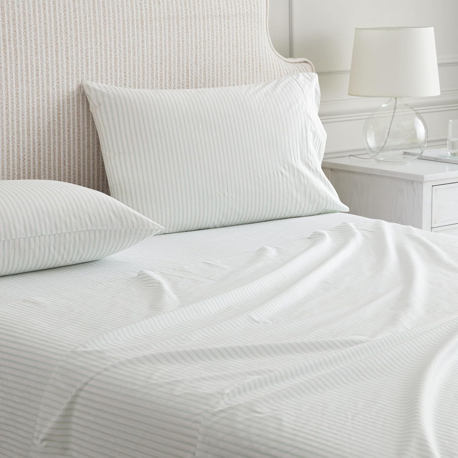 image:imageMartha Stewart Twin XL Size Sheet Set Breathable Cotton Percale Bedding with Matching Pillowcase Fully Elastic Fitted Sheet Deep Pocket Crisp amp Cooling AllSeason Comfort Small Gingham BlueTicking Stripe Green