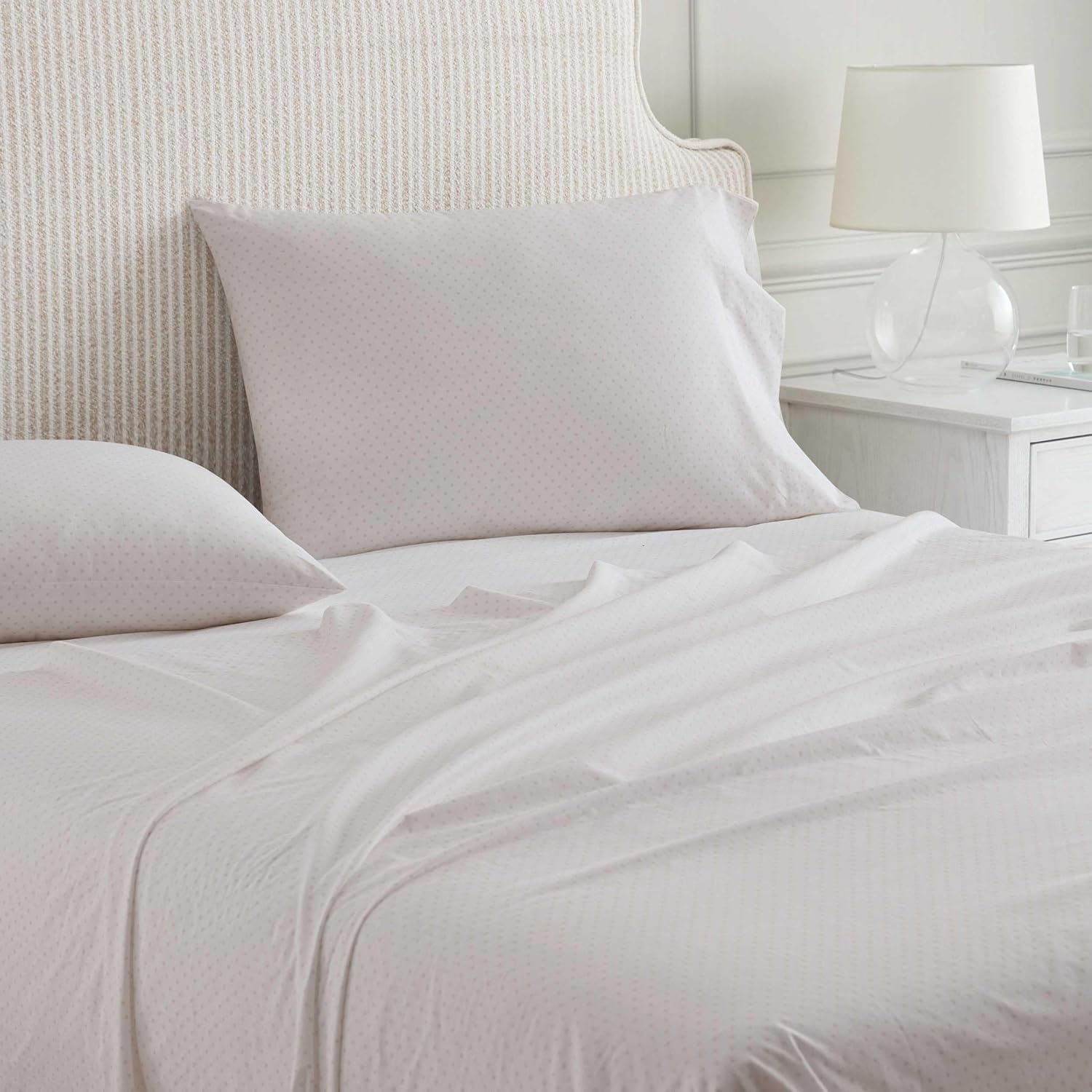 image:imageMartha Stewart Twin XL Size Sheet Set Breathable Cotton Percale Bedding with Matching Pillowcase Fully Elastic Fitted Sheet Deep Pocket Crisp amp Cooling AllSeason Comfort Small Gingham BluePolka Dot Pink