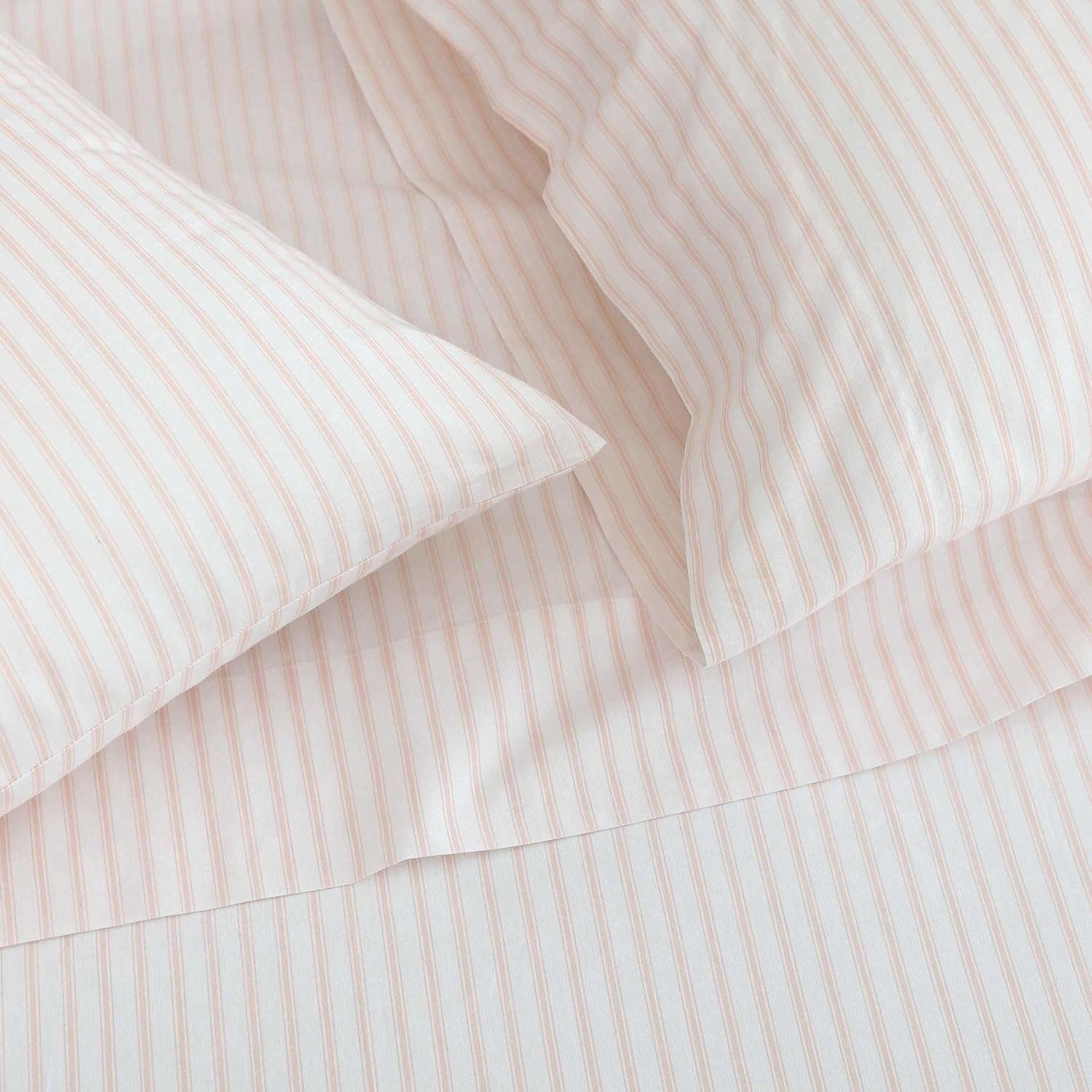 image:imageMartha Stewart Twin XL Size Sheet Set Breathable Cotton Percale Bedding with Matching Pillowcase Fully Elastic Fitted Sheet Deep Pocket Crisp amp Cooling AllSeason Comfort Small Gingham BlueTicking Stripe Pink