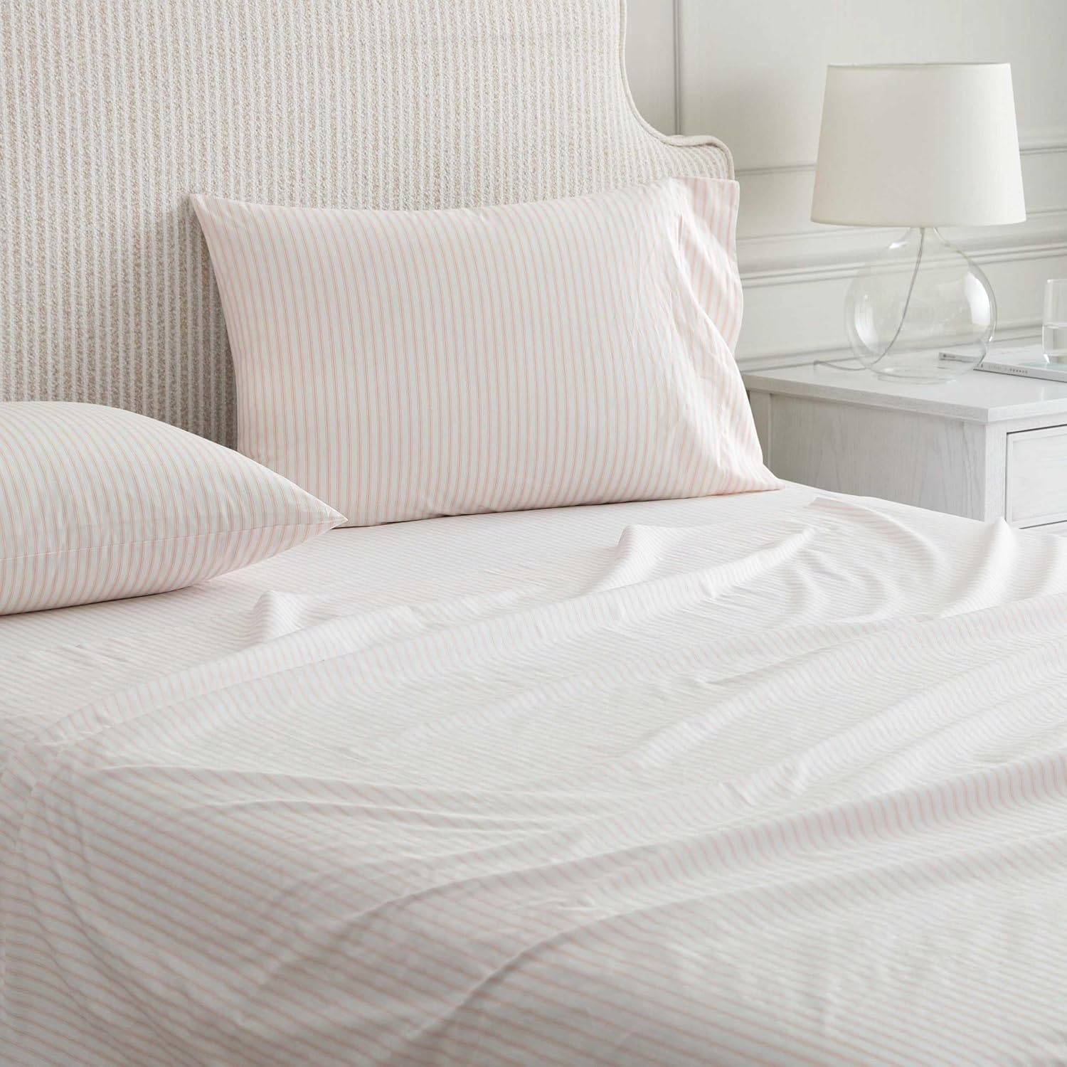 image:imageMartha Stewart Twin XL Size Sheet Set Breathable Cotton Percale Bedding with Matching Pillowcase Fully Elastic Fitted Sheet Deep Pocket Crisp amp Cooling AllSeason Comfort Small Gingham BlueTicking Stripe Pink