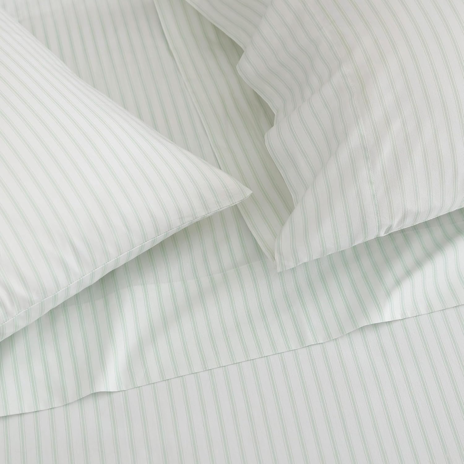 image:imageMartha Stewart Twin XL Size Sheet Set Breathable Cotton Percale Bedding with Matching Pillowcase Fully Elastic Fitted Sheet Deep Pocket Crisp amp Cooling AllSeason Comfort Small Gingham BlueTicking Stripe Green