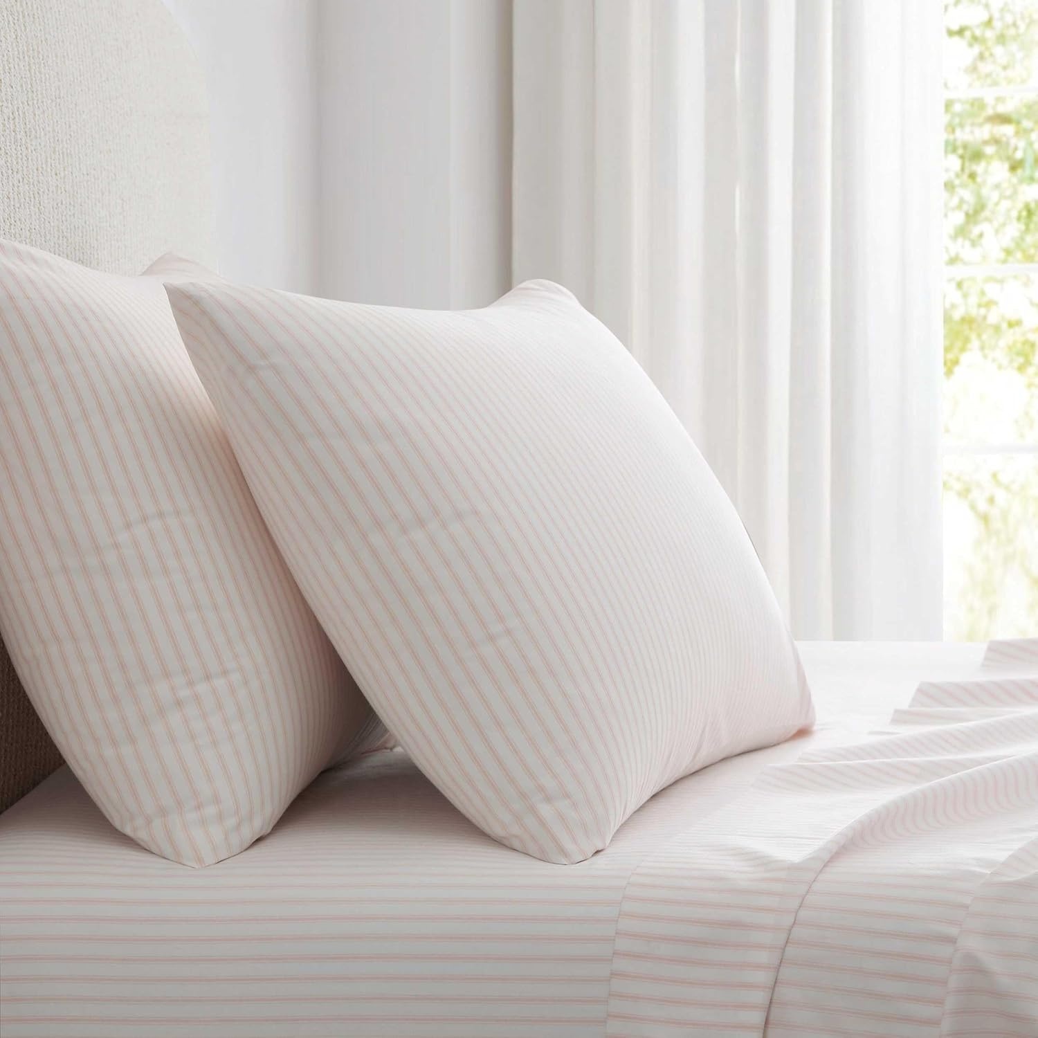 image:imageMartha Stewart Twin XL Size Sheet Set Breathable Cotton Percale Bedding with Matching Pillowcase Fully Elastic Fitted Sheet Deep Pocket Crisp amp Cooling AllSeason Comfort Small Gingham BlueTicking Stripe Pink