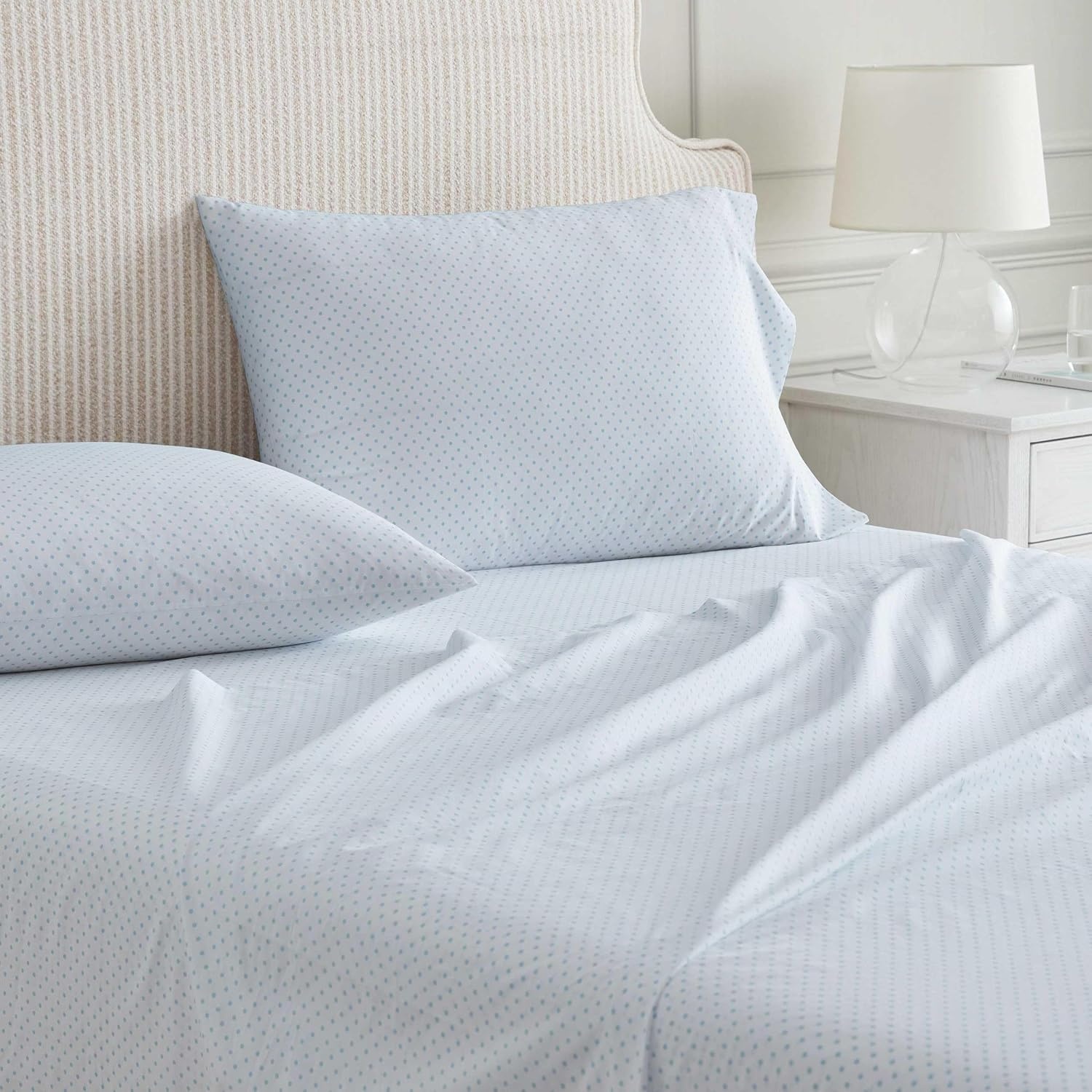image:imageMartha Stewart Twin XL Size Sheet Set Breathable Cotton Percale Bedding with Matching Pillowcase Fully Elastic Fitted Sheet Deep Pocket Crisp amp Cooling AllSeason Comfort Small Gingham BluePolka Dot Blue