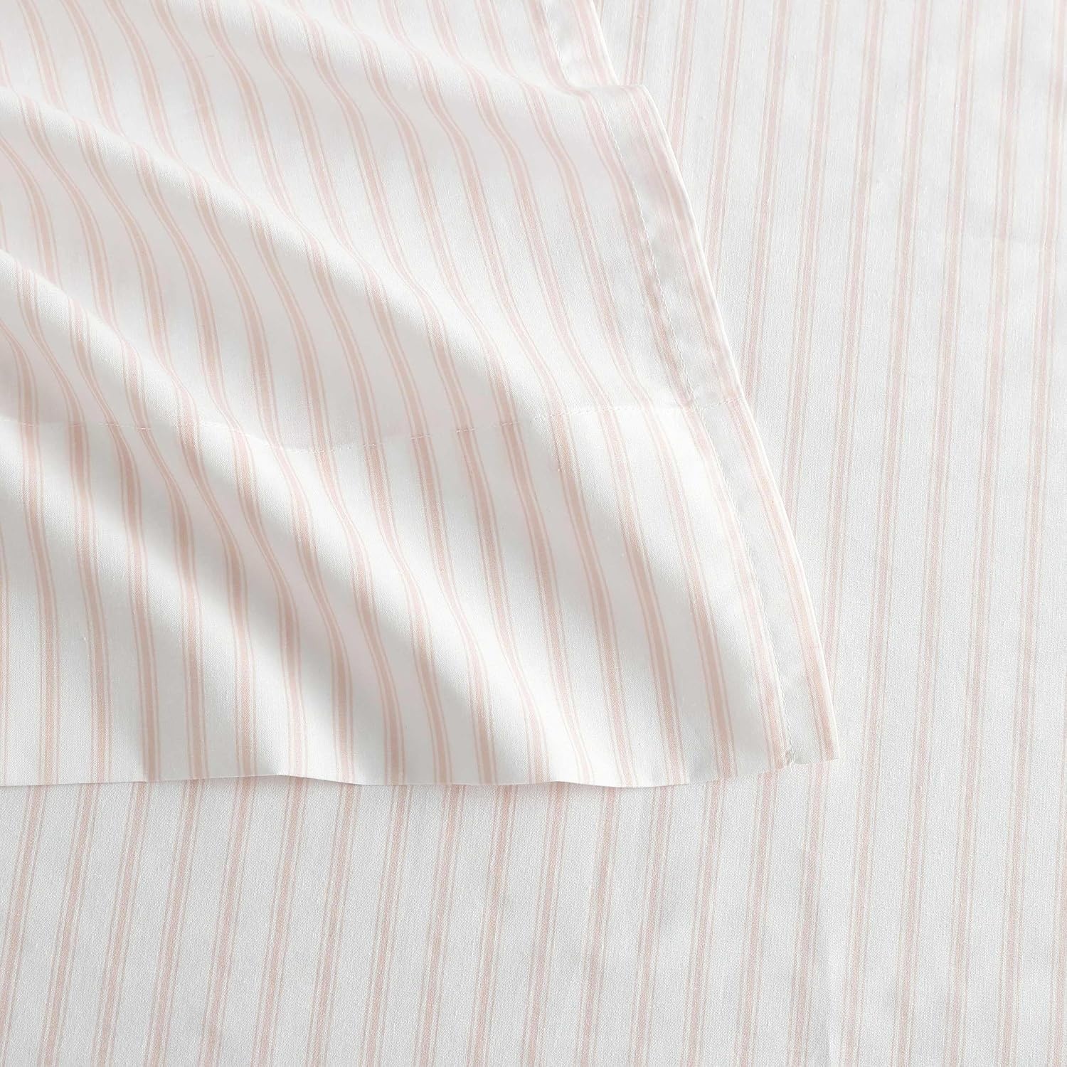 image:imageMartha Stewart Twin XL Size Sheet Set Breathable Cotton Percale Bedding with Matching Pillowcase Fully Elastic Fitted Sheet Deep Pocket Crisp amp Cooling AllSeason Comfort Small Gingham BlueTicking Stripe Pink