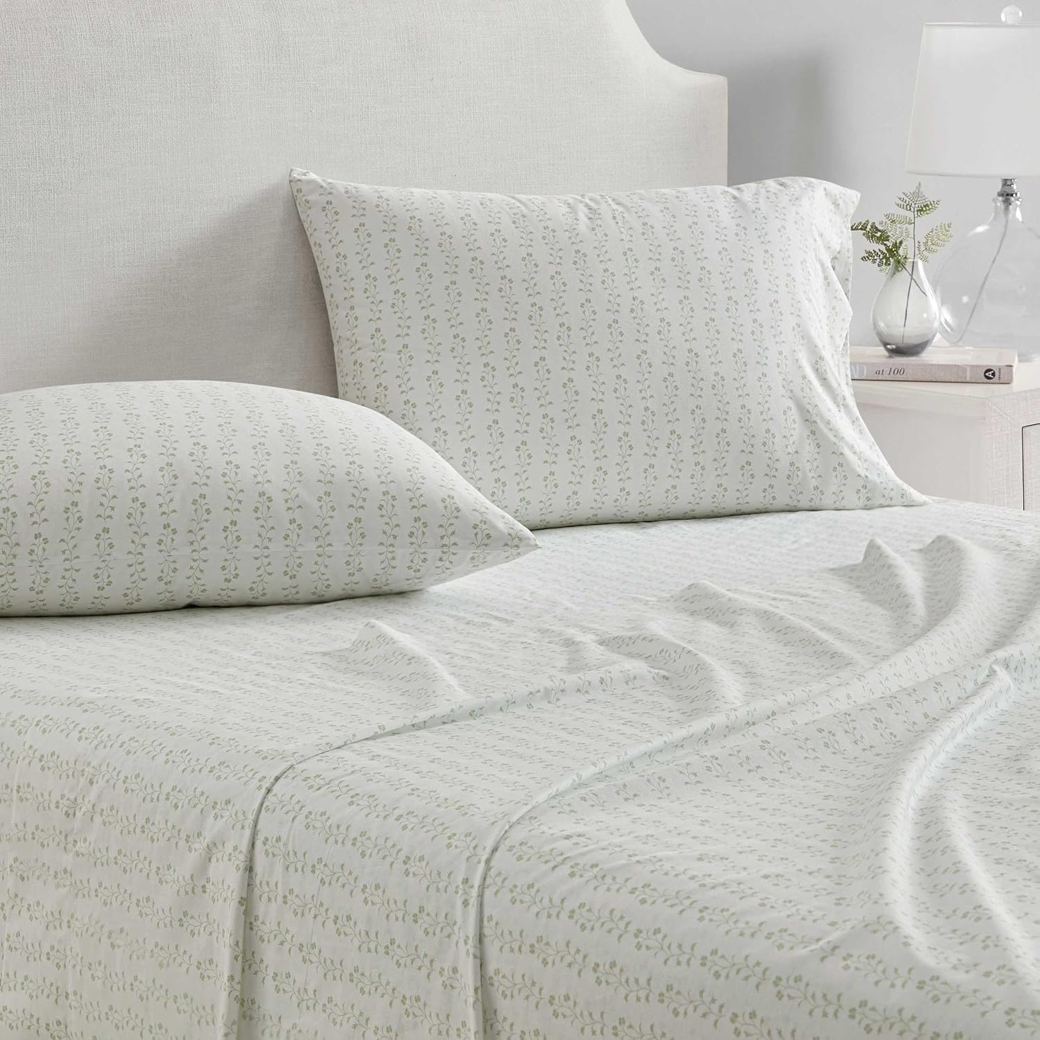 image:imageMartha Stewart Twin XL Size Sheet Set Breathable Cotton Percale Bedding with Matching Pillowcase Fully Elastic Fitted Sheet Deep Pocket Crisp amp Cooling AllSeason Comfort Small Gingham BlueDitsy Vine Green