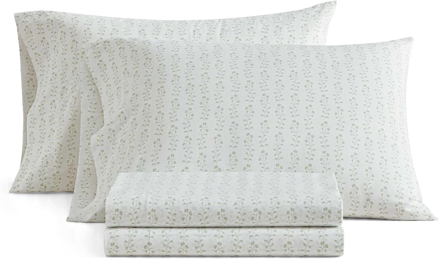 image:imageMartha Stewart Twin XL Size Sheet Set Breathable Cotton Percale Bedding with Matching Pillowcase Fully Elastic Fitted Sheet Deep Pocket Crisp amp Cooling AllSeason Comfort Small Gingham BlueDitsy Vine Green