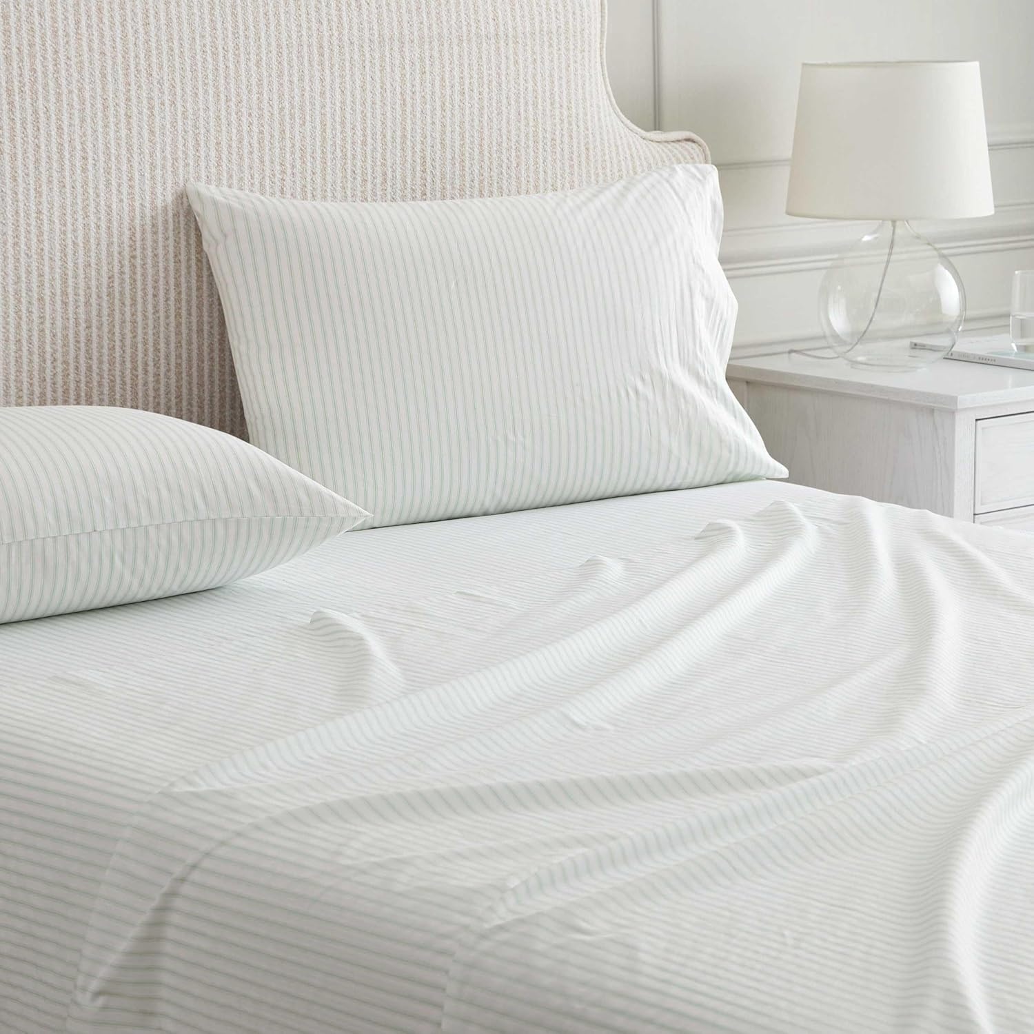 image:imageMartha Stewart Twin XL Size Sheet Set Breathable Cotton Percale Bedding with Matching Pillowcase Fully Elastic Fitted Sheet Deep Pocket Crisp amp Cooling AllSeason Comfort Small Gingham BlueTicking Stripe Green