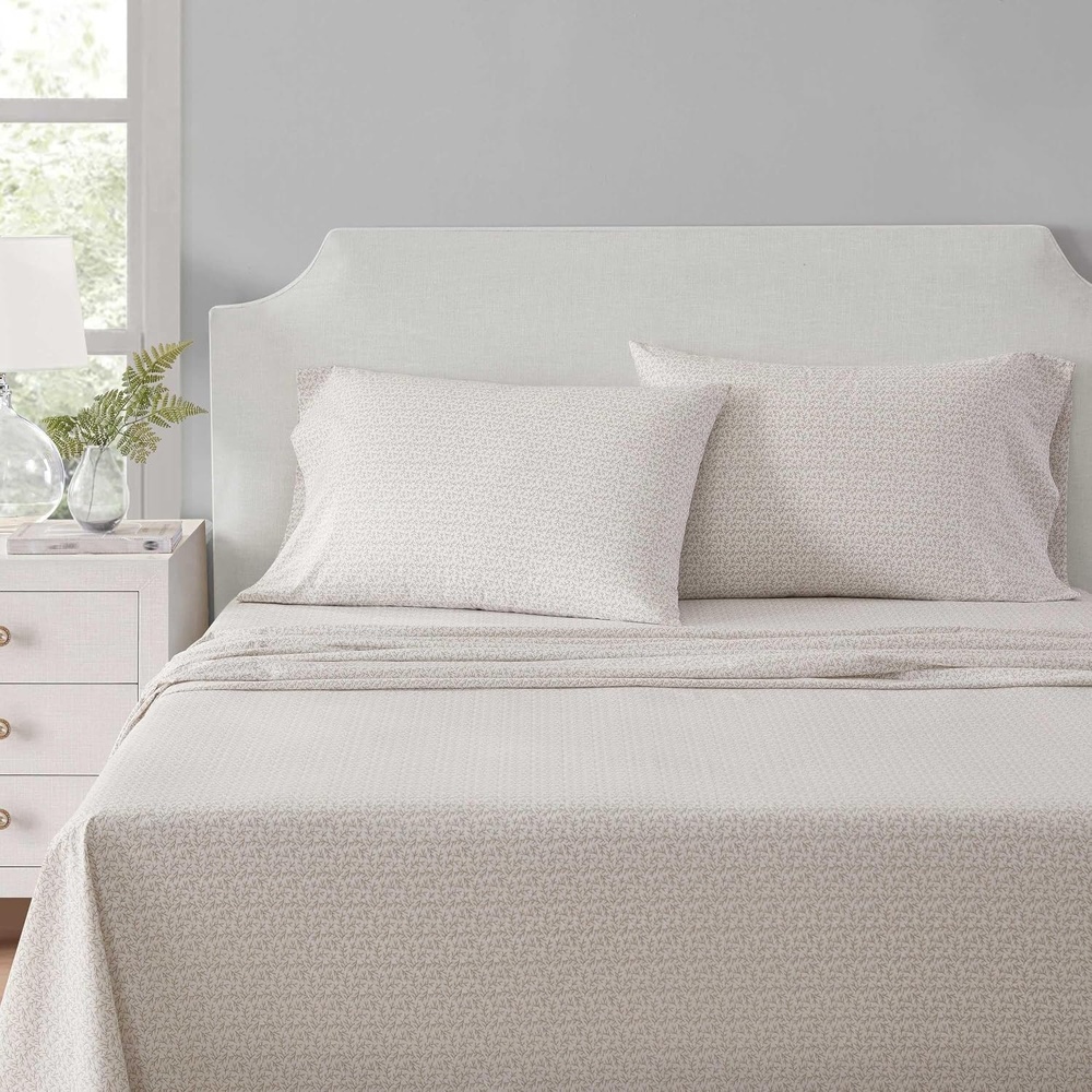 image:imageMartha Stewart  Twin XL Size Sheet Set Breathable Cotton Percale Bedding with Matching Pillowcase Fully Elastic Fitted Sheet Deep Pocket Crisp amp Cooling AllSeason Comfort Small Gingham BlueLeaves Beige
