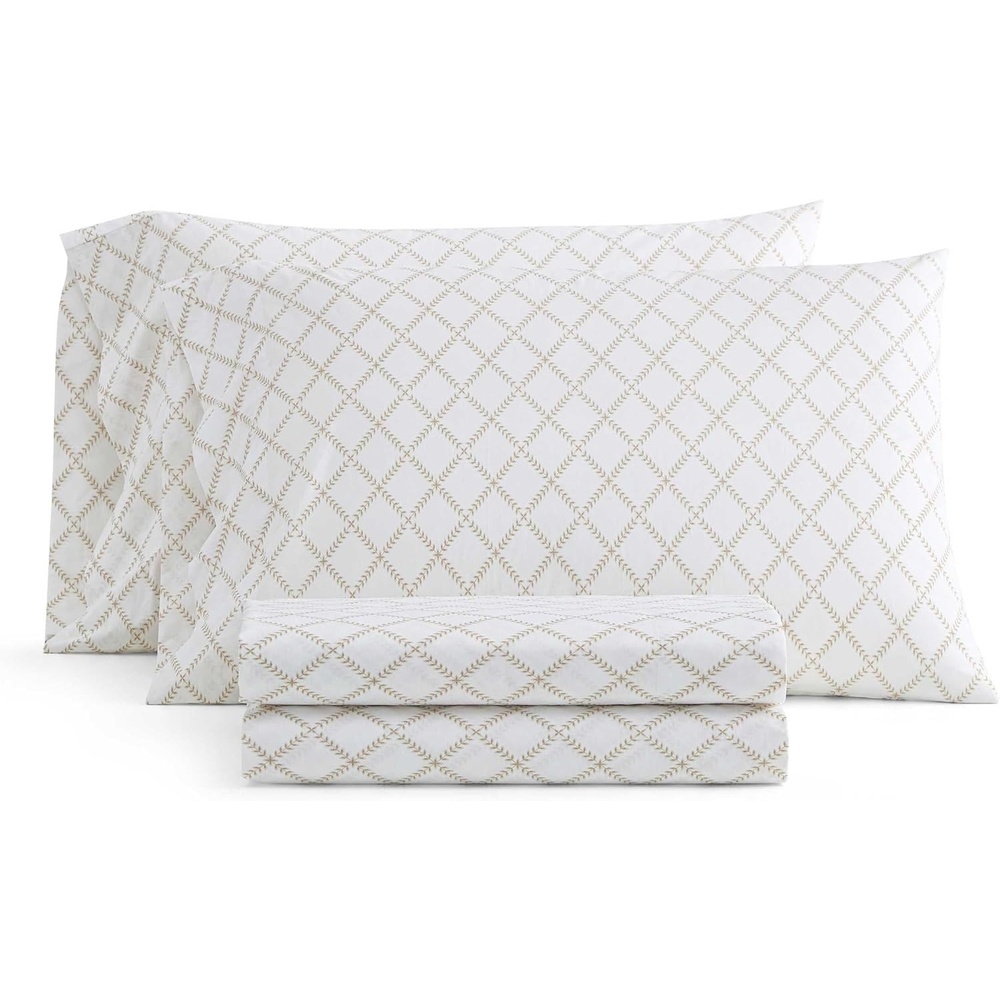 image:imageMartha Stewart  Twin XL Size Sheet Set Breathable Cotton Percale Bedding with Matching Pillowcase Fully Elastic Fitted Sheet Deep Pocket Crisp amp Cooling AllSeason Comfort Small Gingham BlueLeaf Trellis Beige